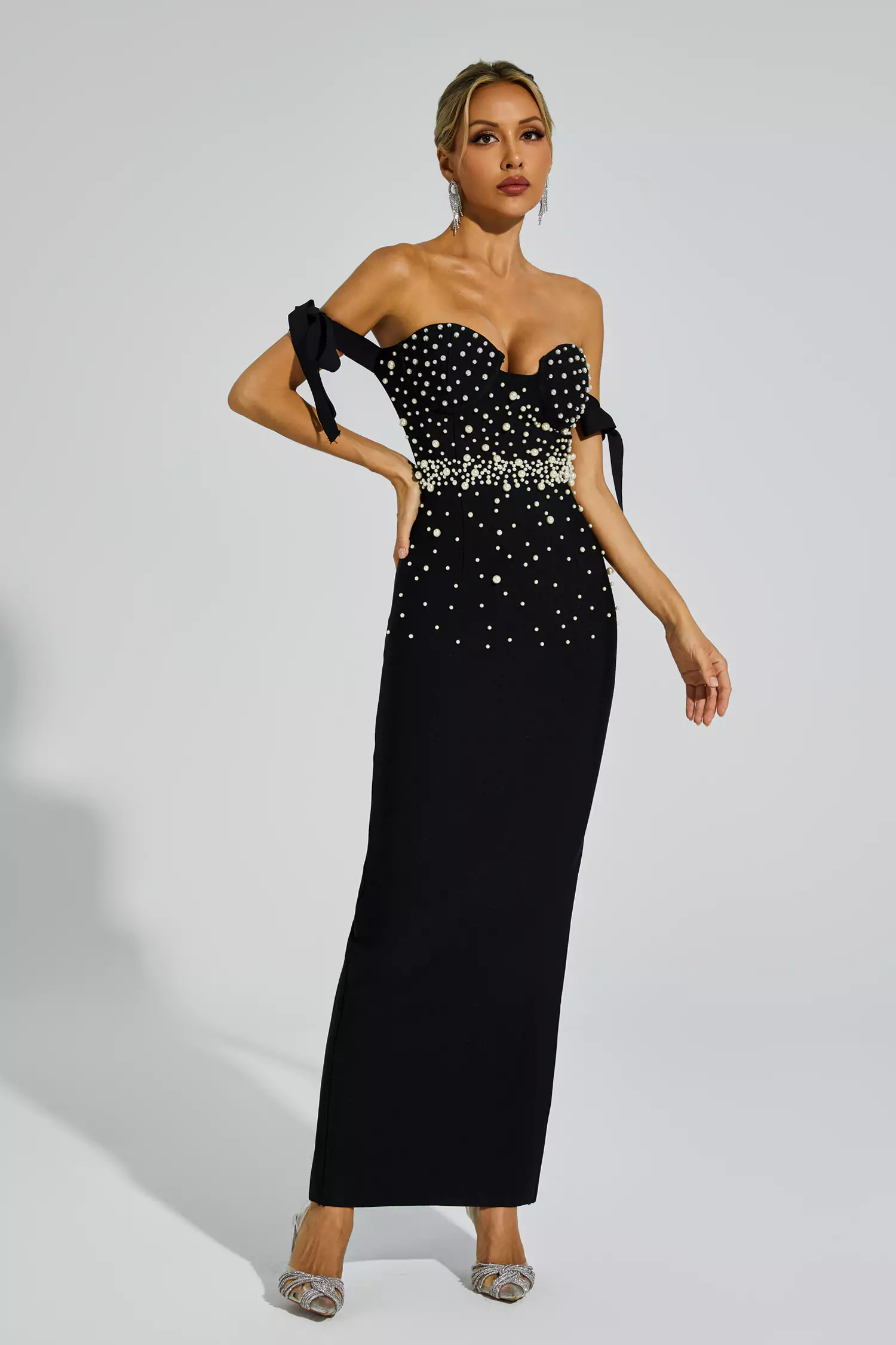Antony Black Pearl Embellished Bandage Dress-CATCHALL