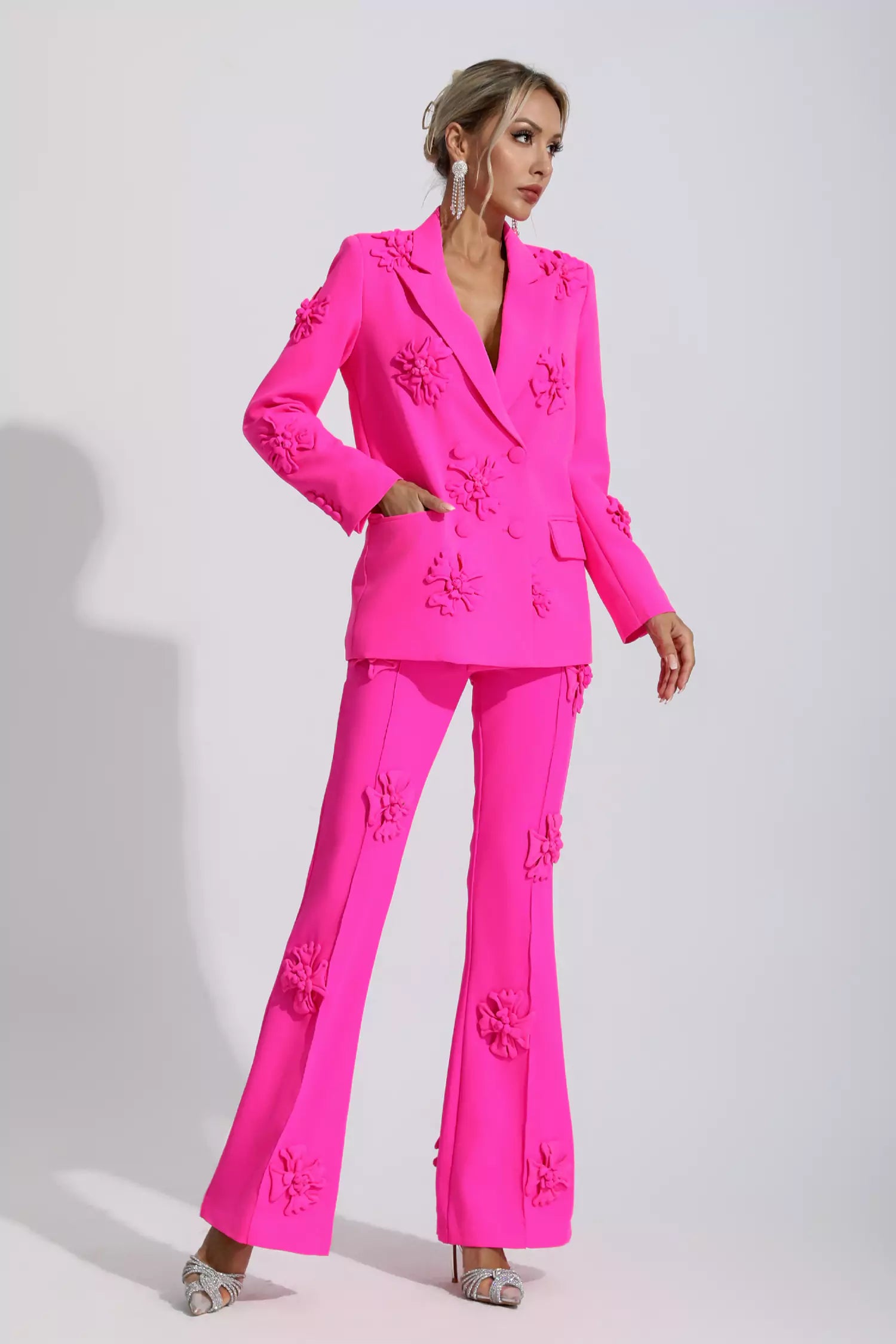 Fuchsia Pantsuit with Floral Blouse