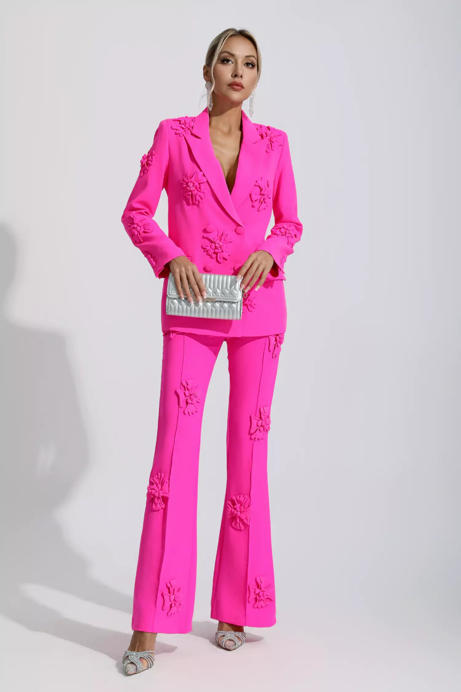 Ari Pink Jacquard Floral Blazer Set-CATCHALL