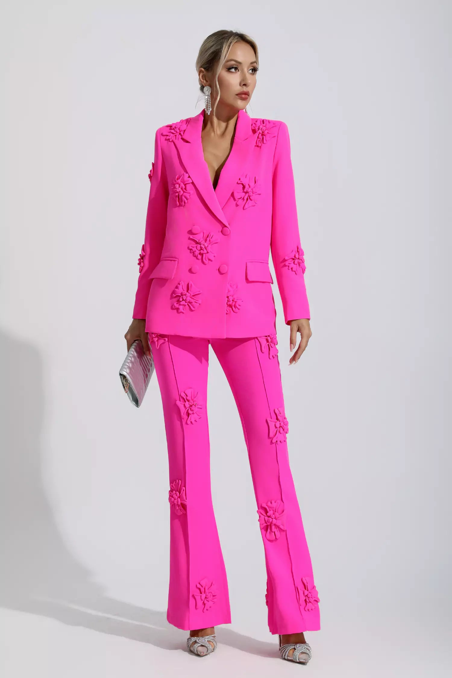 Ari Pink Jacquard Floral Blazer Set-CATCHALL
