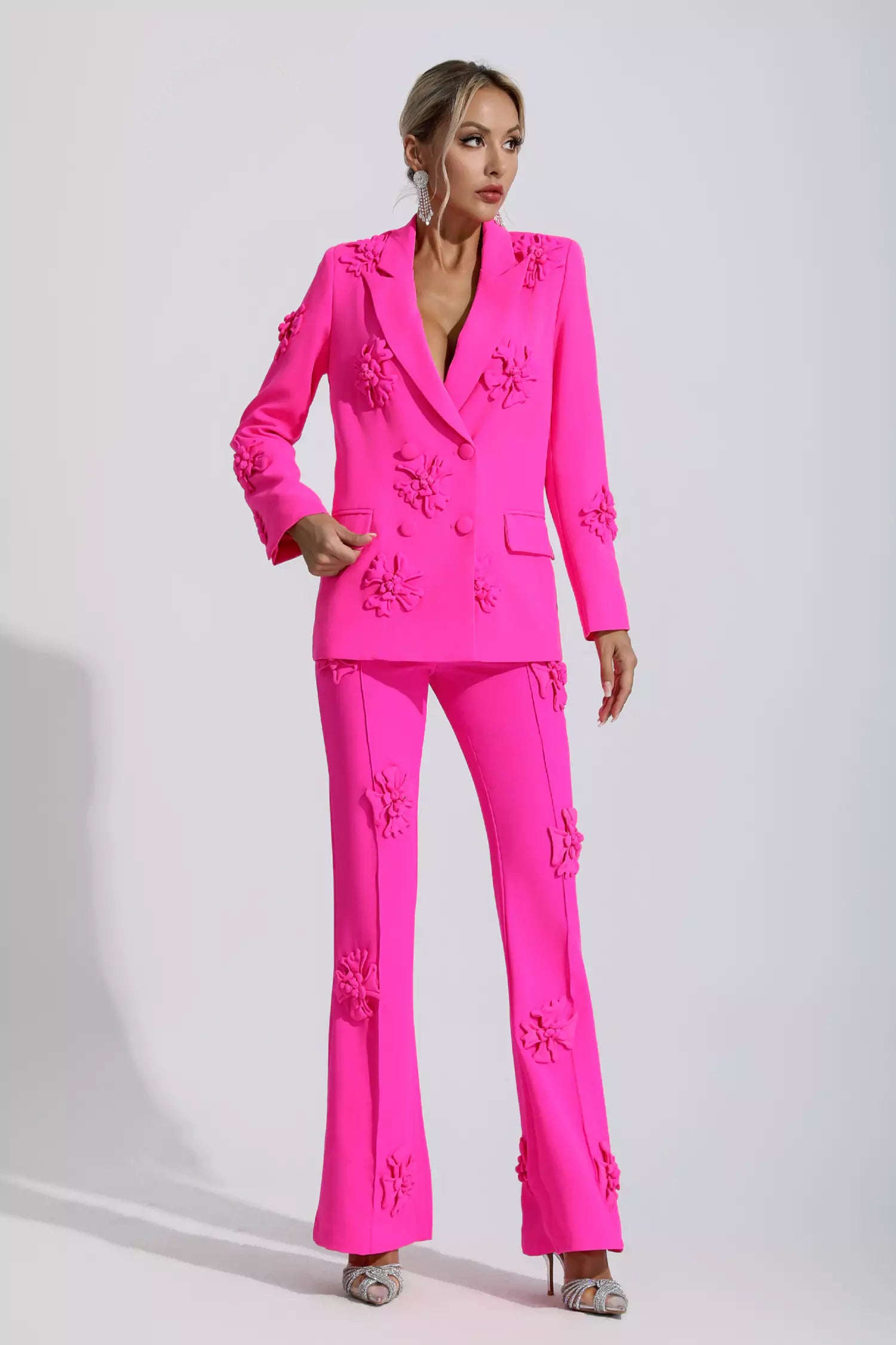 Ari Pink Jacquard Floral Blazer Set-CATCHALL