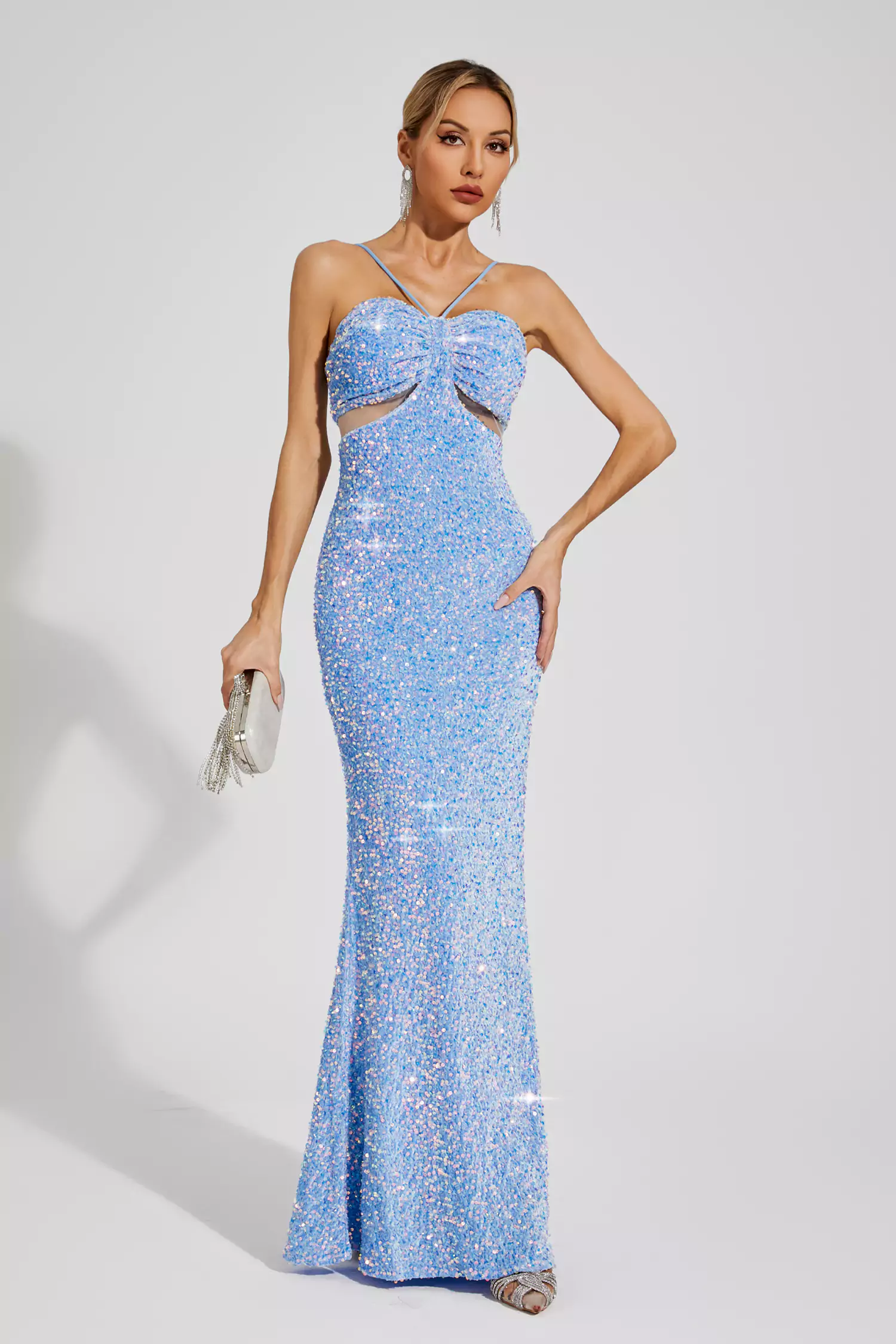 Artemis Blue Sequins Halter Dress-CATCHALL