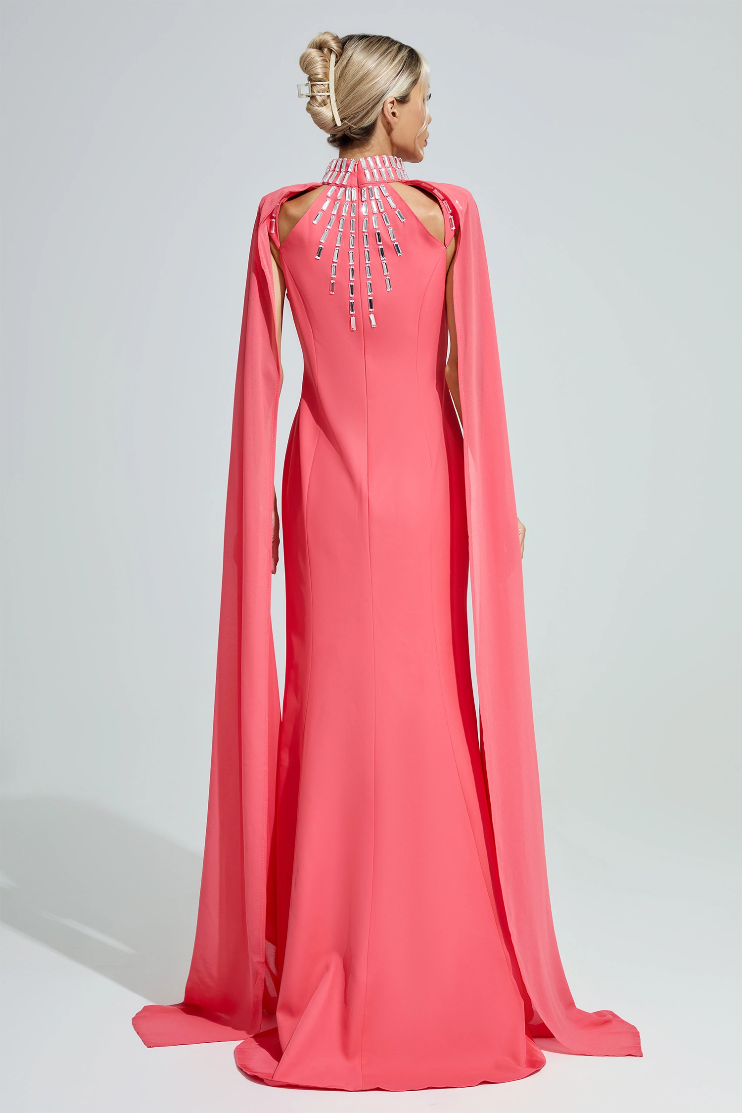 Aspasia Red Beaded Cape Sleeve Evening Gown