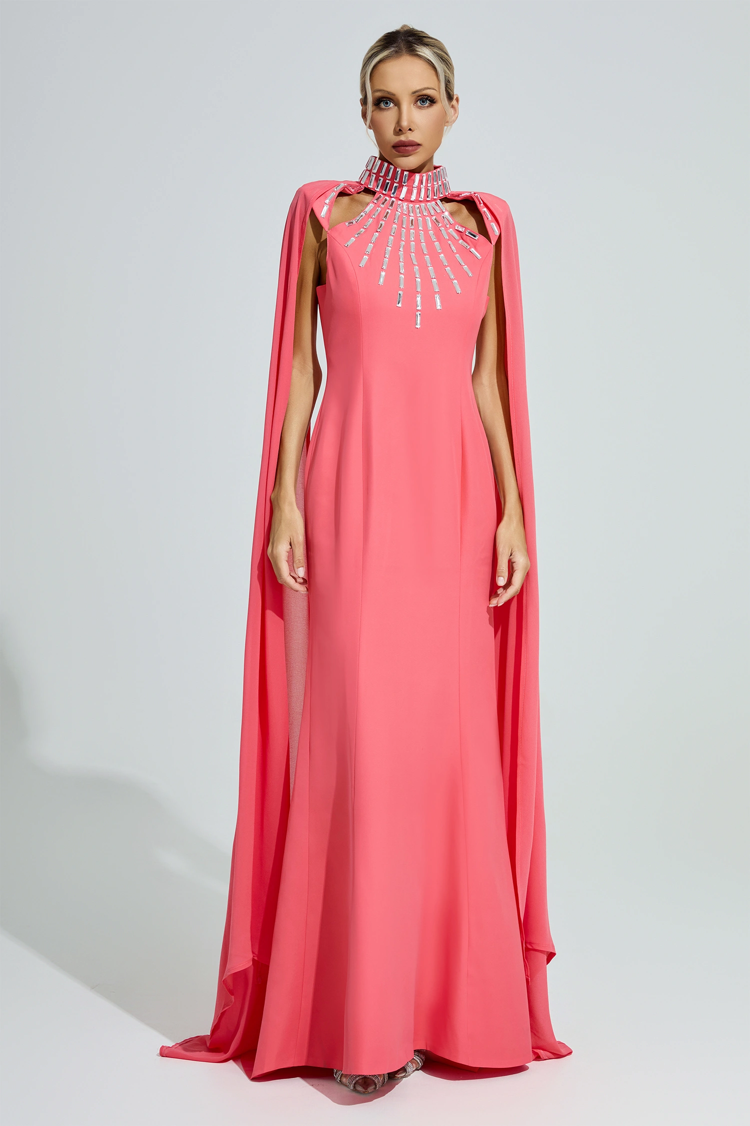 Aspasia Red Beaded Cape Sleeve Evening Gown