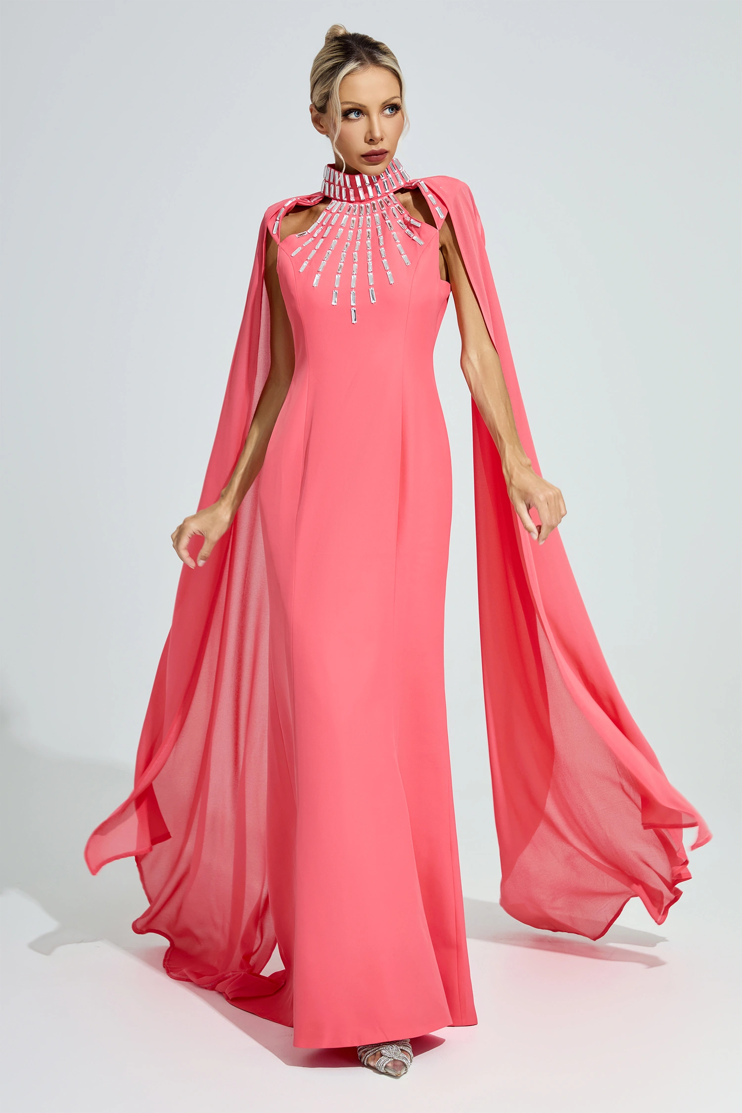 Aspasia Red Beaded Cape Sleeve Evening Gown