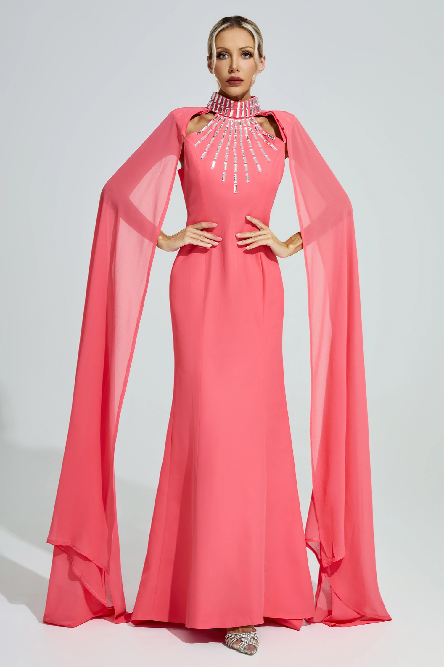 Aspasia Red Beaded Cape Sleeve Evening Gown
