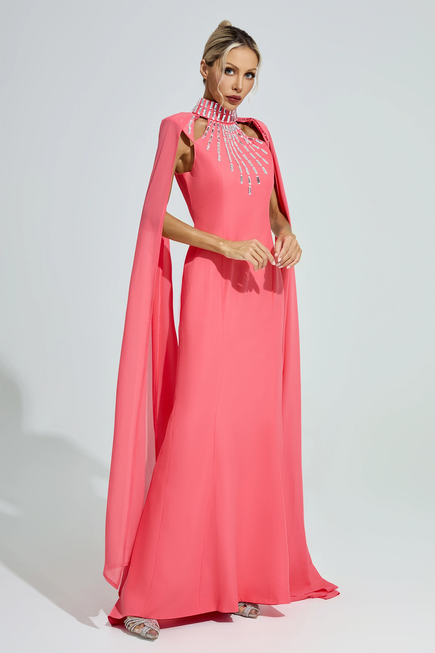 Aspasia Red Beaded Cape Sleeve Evening Gown