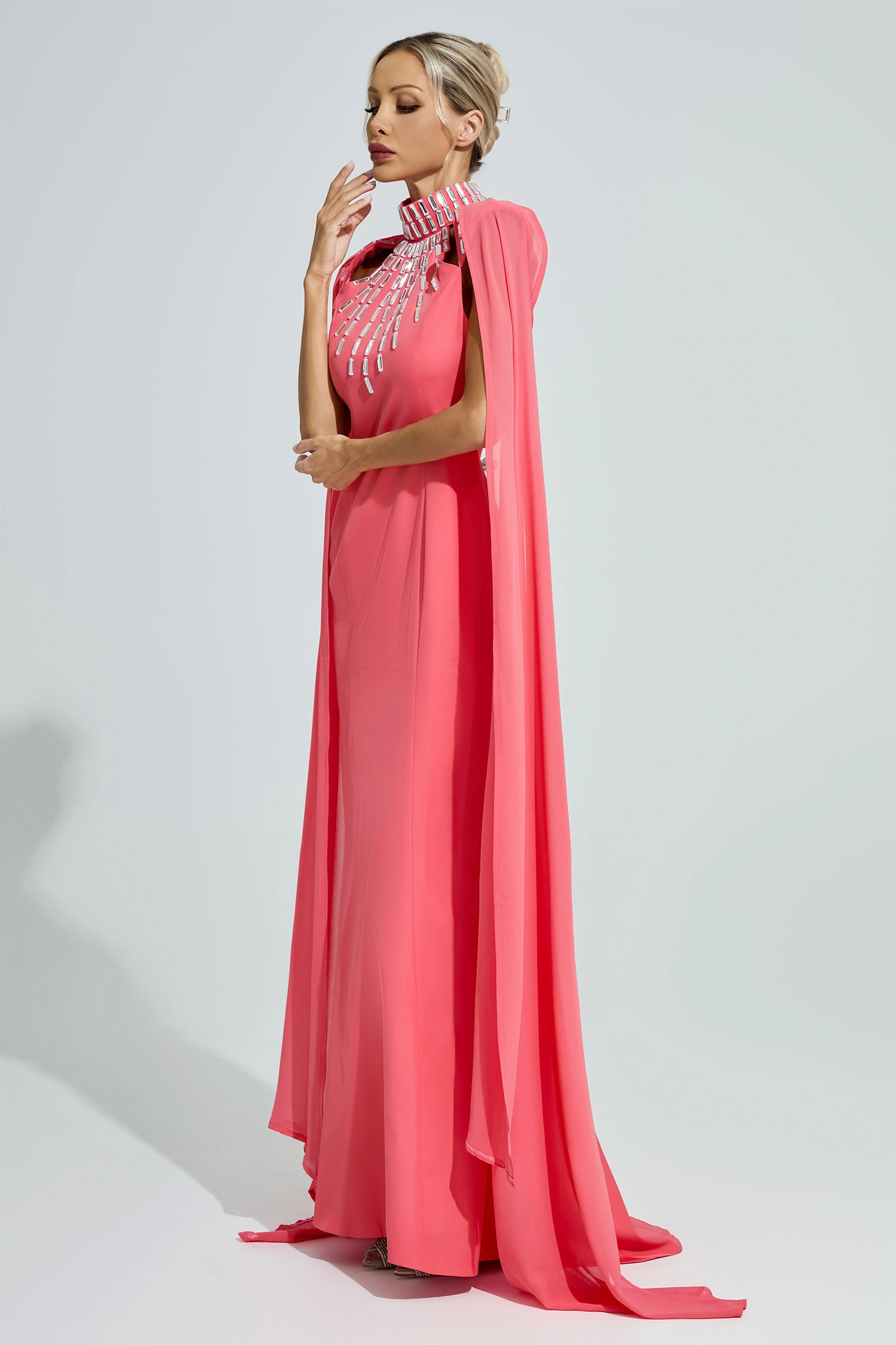 Aspasia Red Beaded Cape Sleeve Evening Gown
