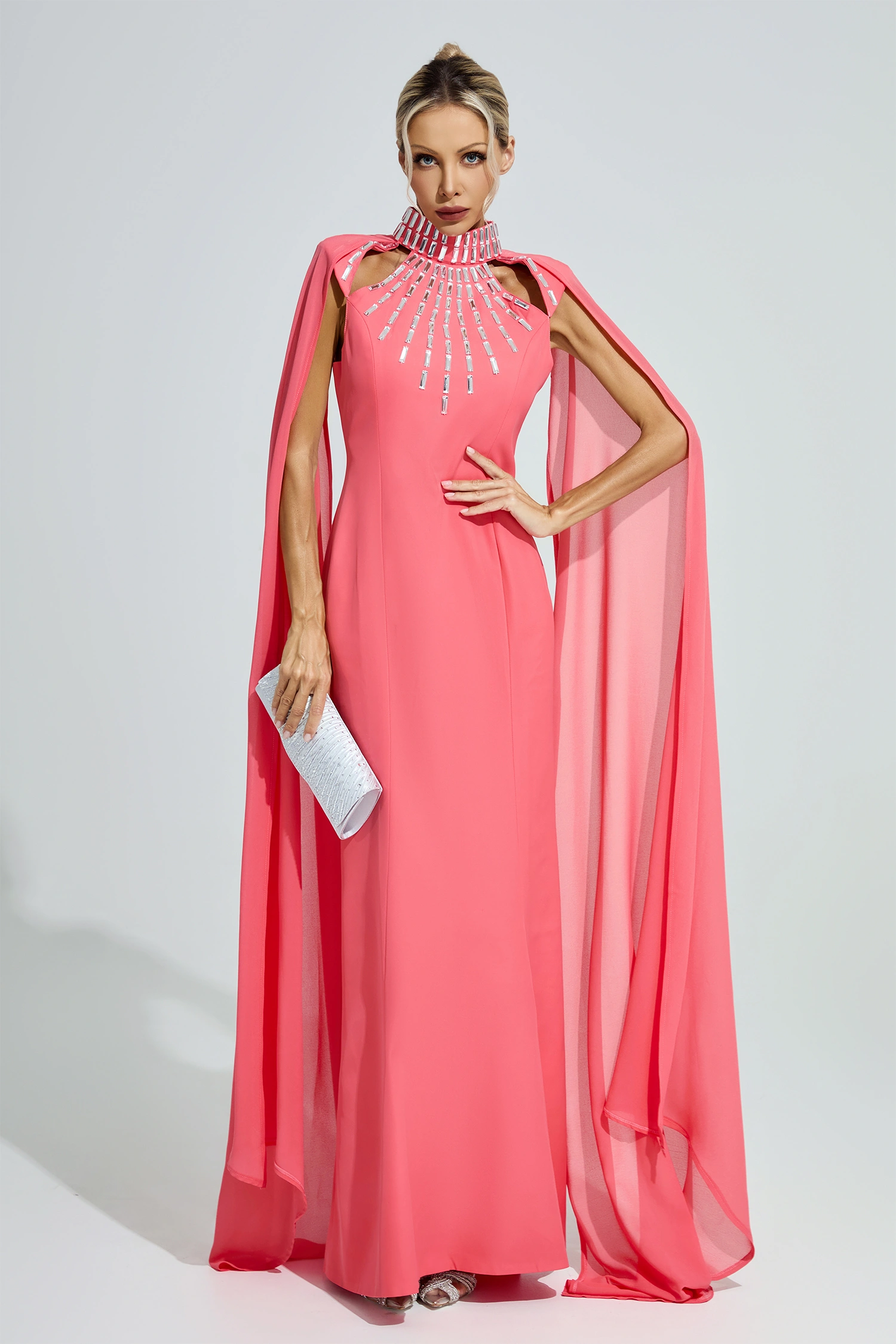 Aspasia Red Beaded Cape Sleeve Evening Gown