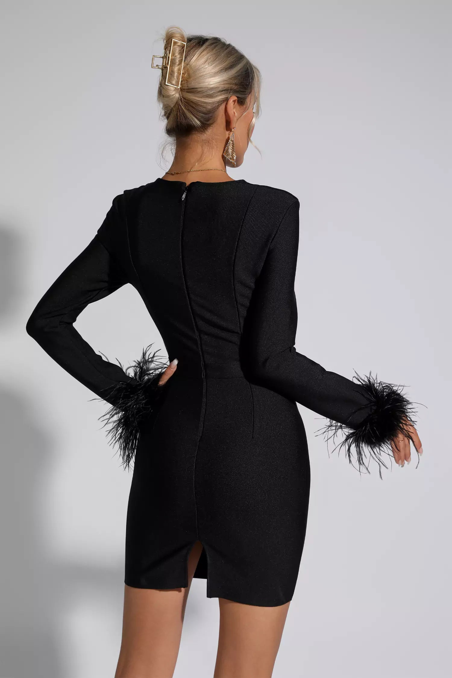 Aspen Black Feather Bodycon Mini Dress-CATCHALL