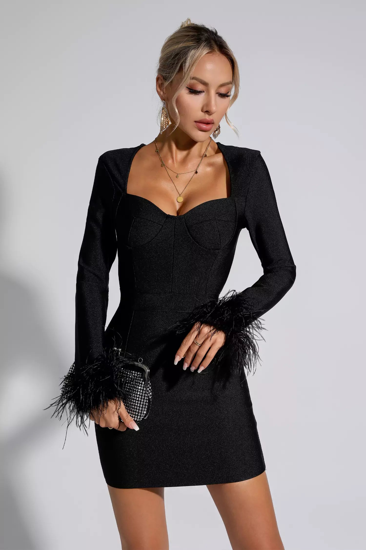 Aspen Black Feather Bodycon Mini Dress-CATCHALL