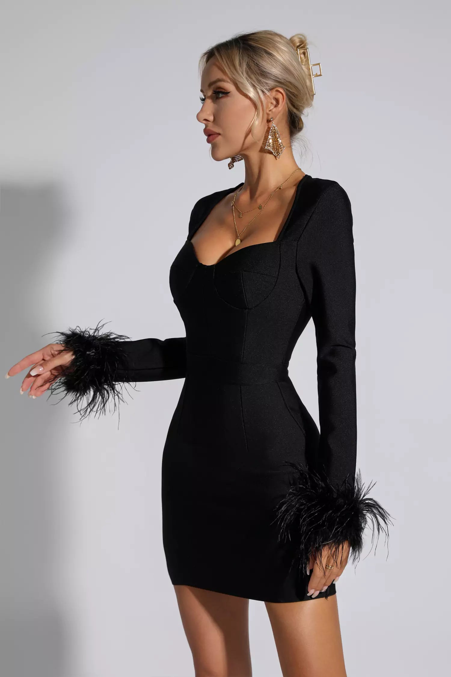 Aspen Black Feather Bodycon Mini Dress-CATCHALL