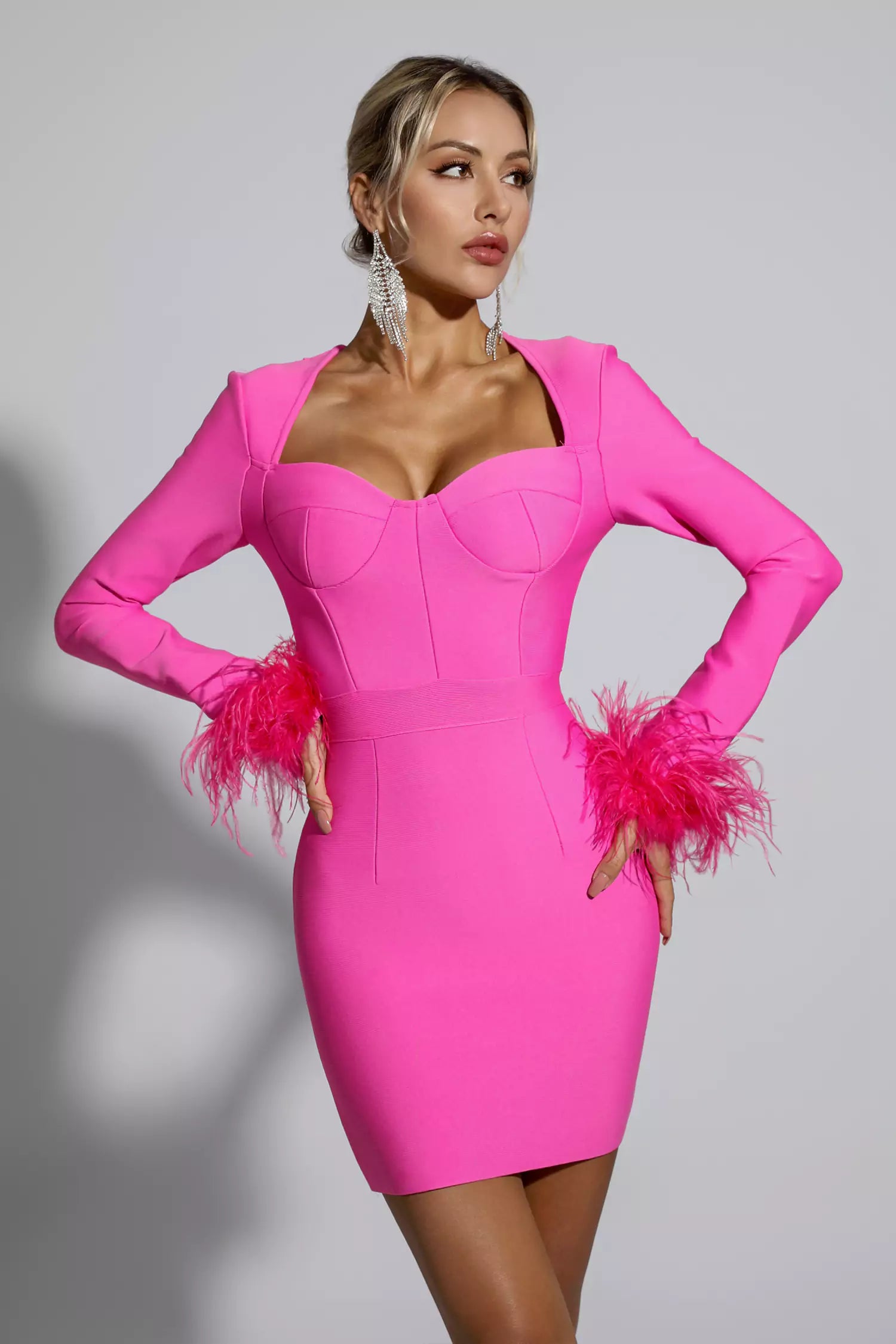 Aspen Pink Feather Bodycon Mini Dress-CATCHALL