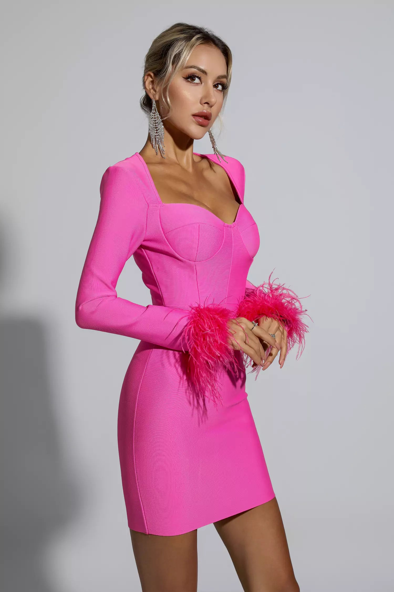 Aspen Pink Feather Bodycon Mini Dress-CATCHALL