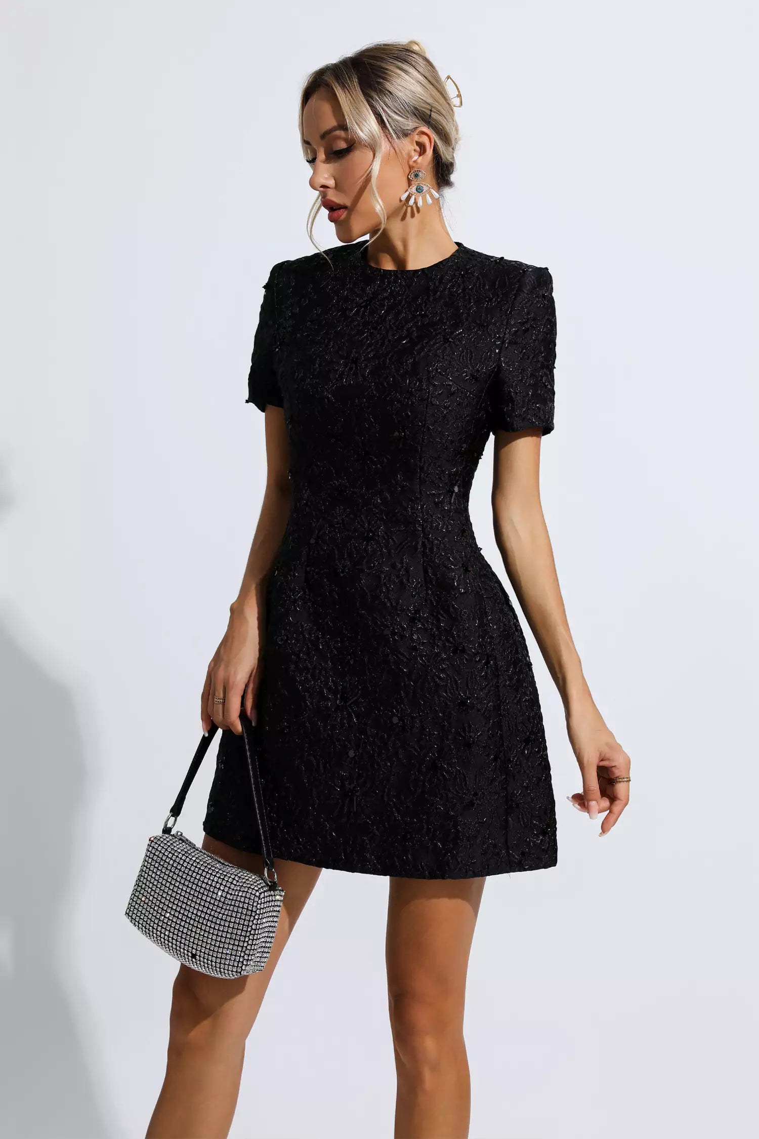 Astrid Black Jacquard Floral Mini Dress-CATCHALL