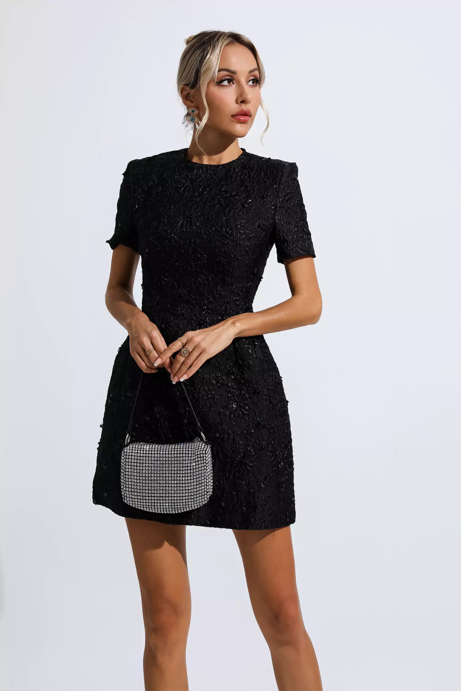 Astrid Black Jacquard Floral Mini Dress-CATCHALL