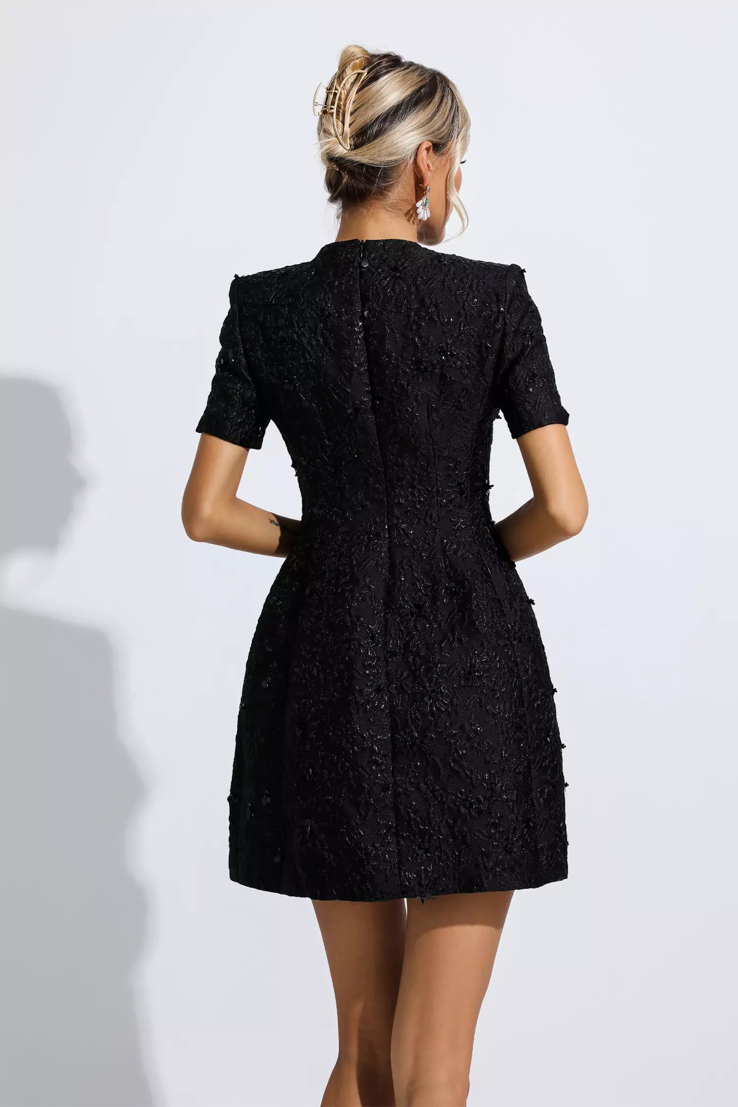Astrid Black Jacquard Floral Mini Dress-CATCHALL