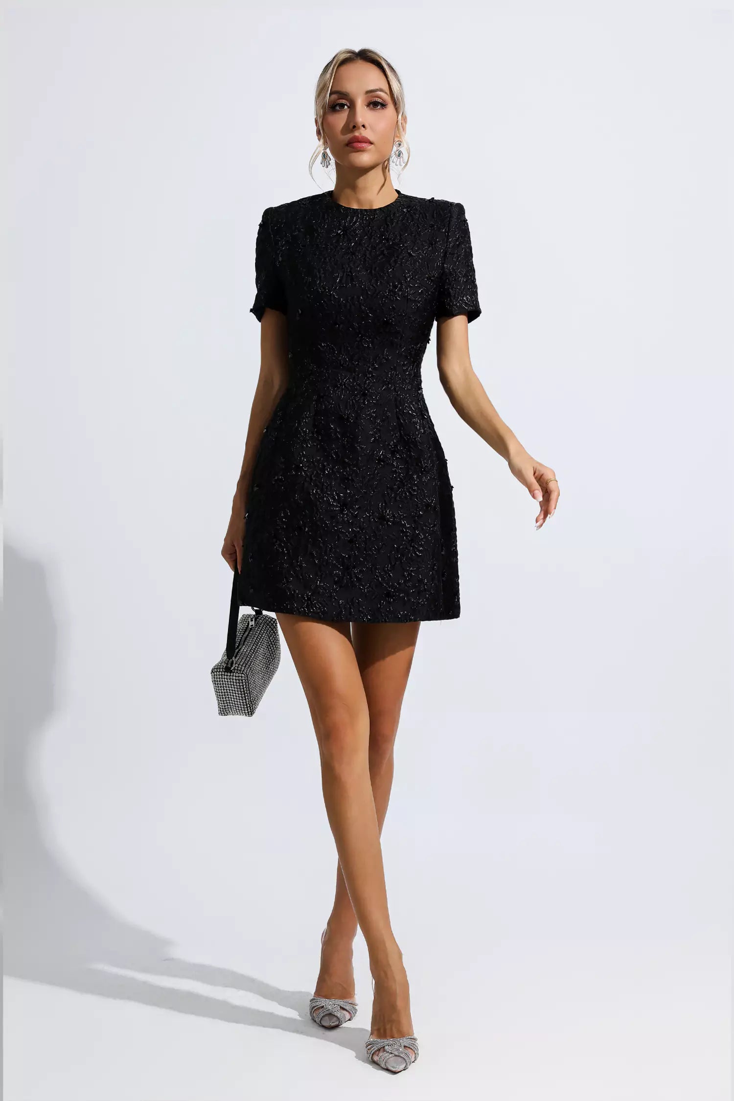 Astrid Black Jacquard Floral Mini Dress-CATCHALL