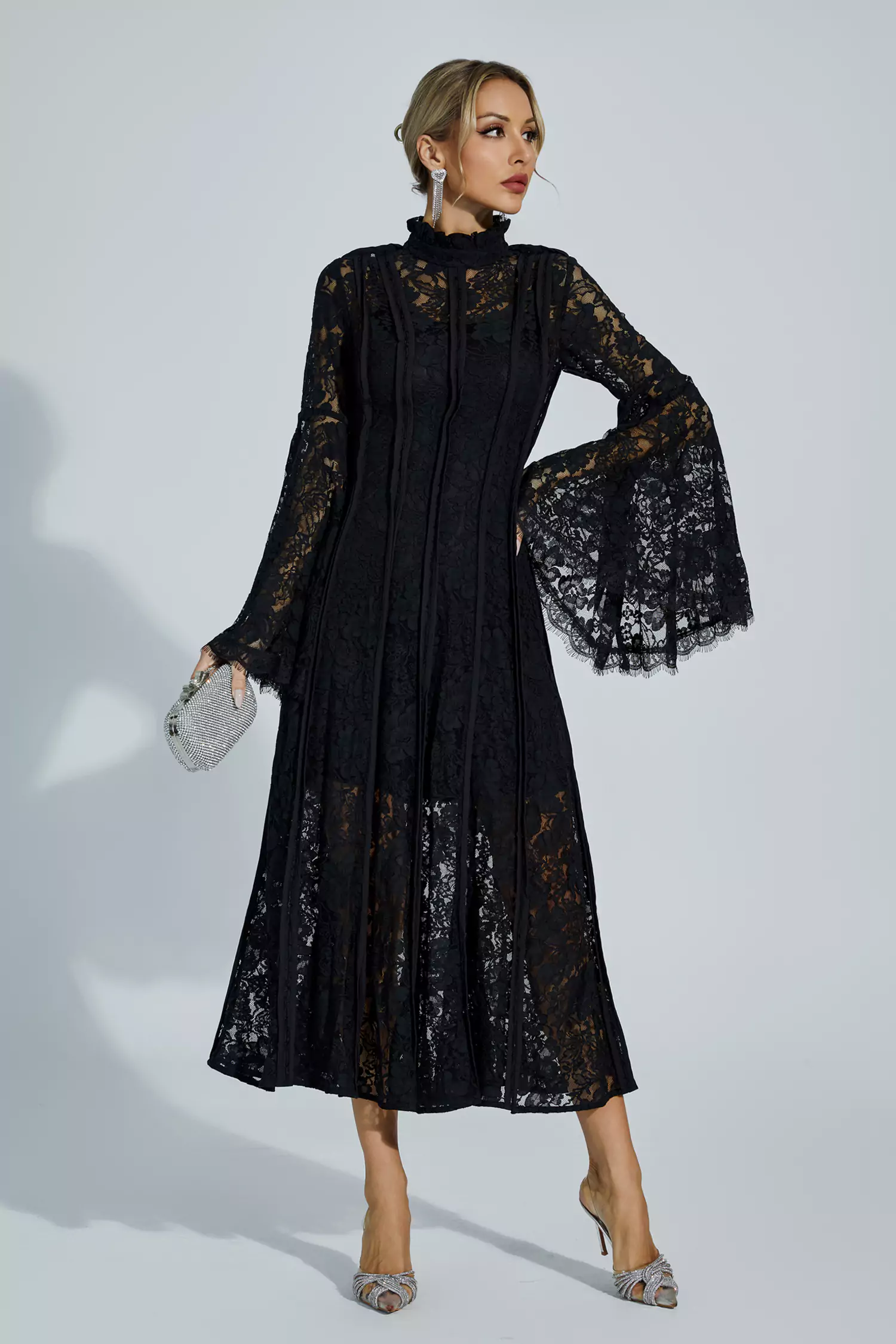 Avah Black Hollow Embroidery Midi Dress-CATCHALL