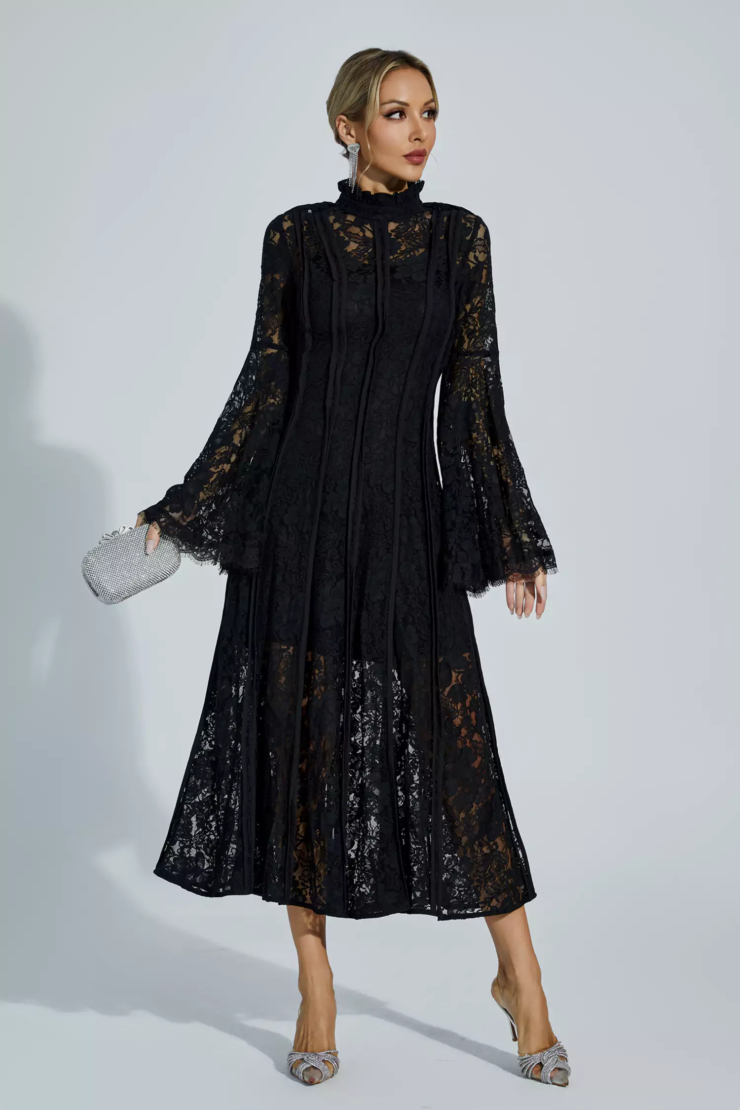 Avah Black Hollow Embroidery Midi Dress-CATCHALL