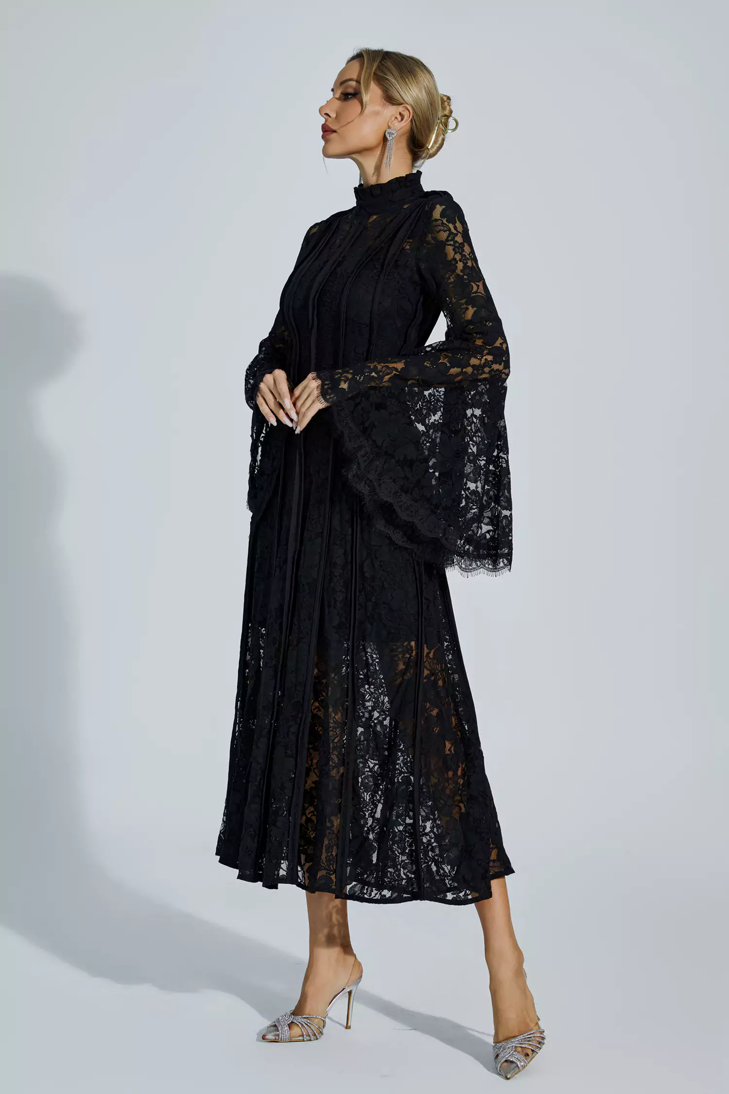 Avah Black Hollow Embroidery Midi Dress-CATCHALL