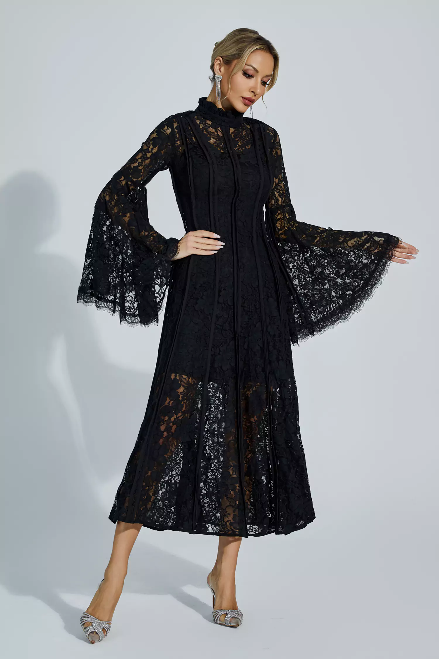 Avah Black Hollow Embroidery Midi Dress-CATCHALL