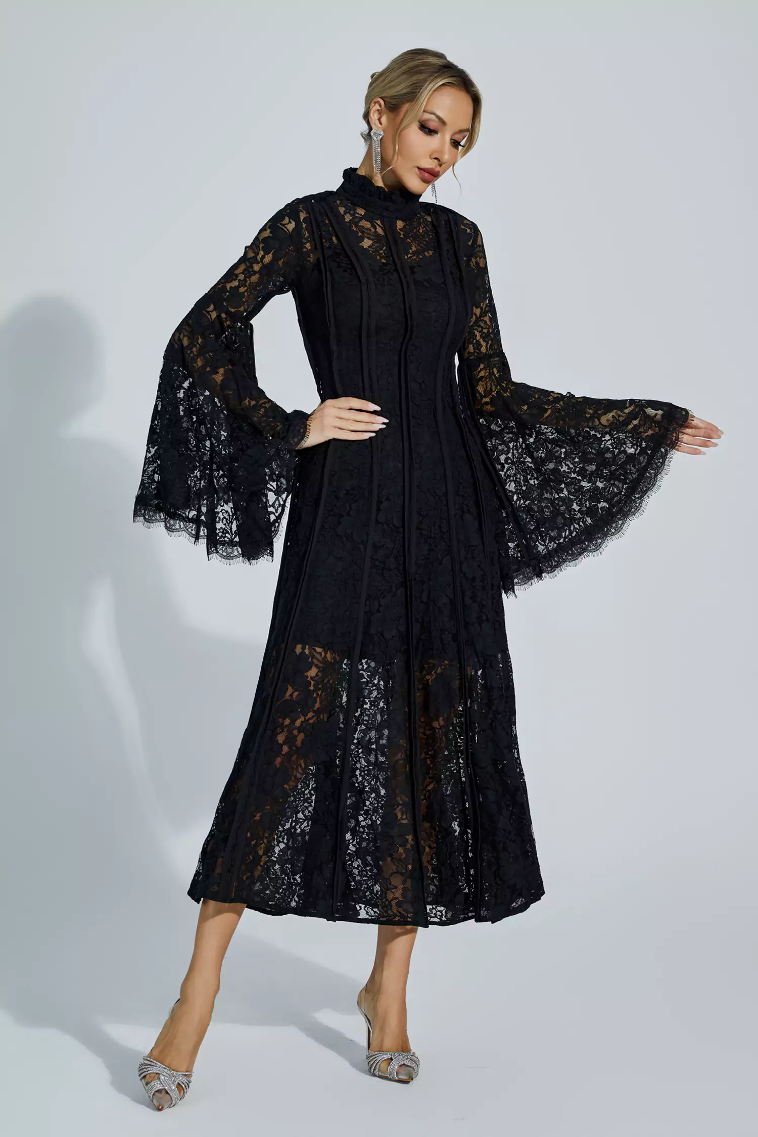 Avah Black Hollow Embroidery Midi Dress