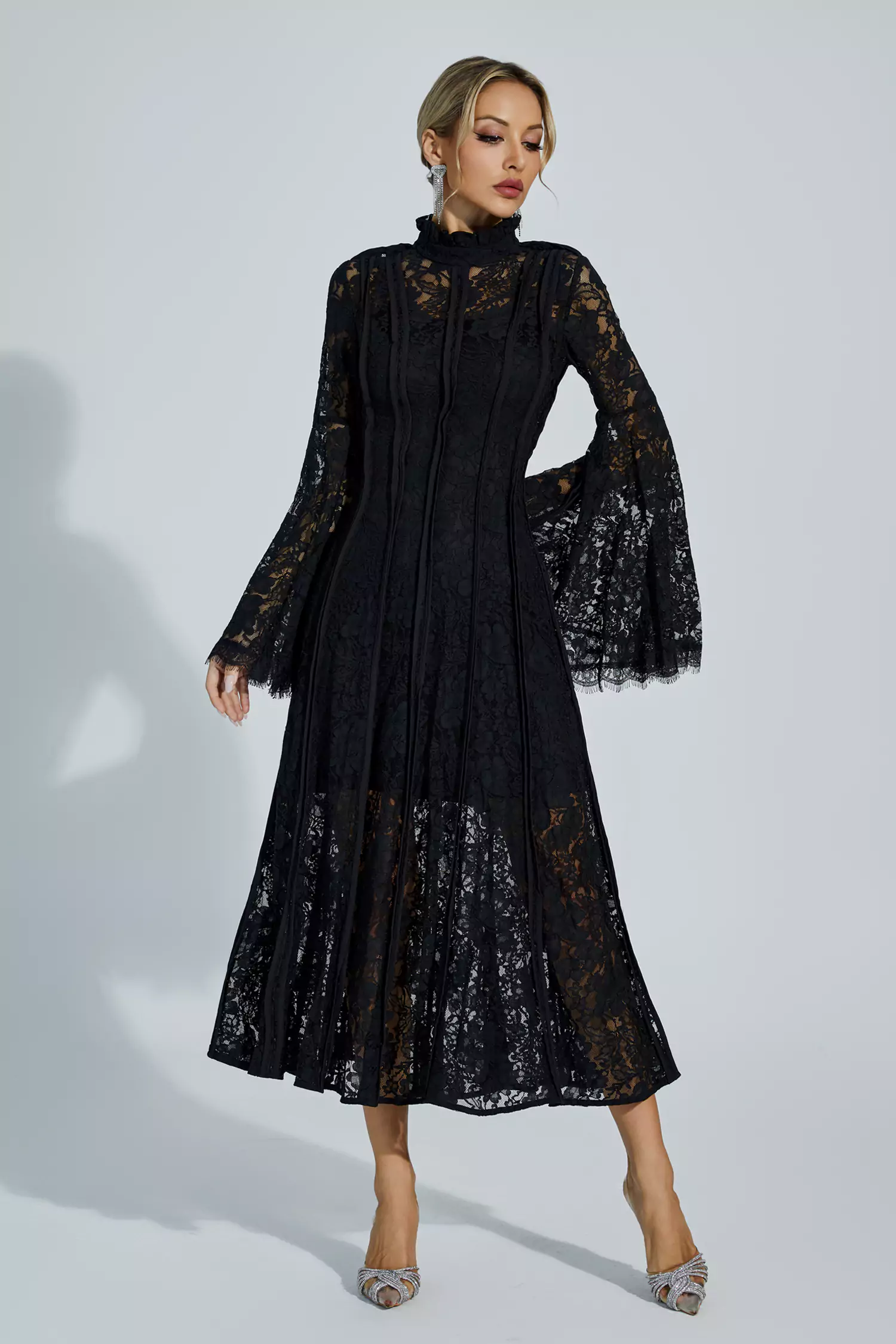 Avah Black Hollow Embroidery Midi Dress-CATCHALL