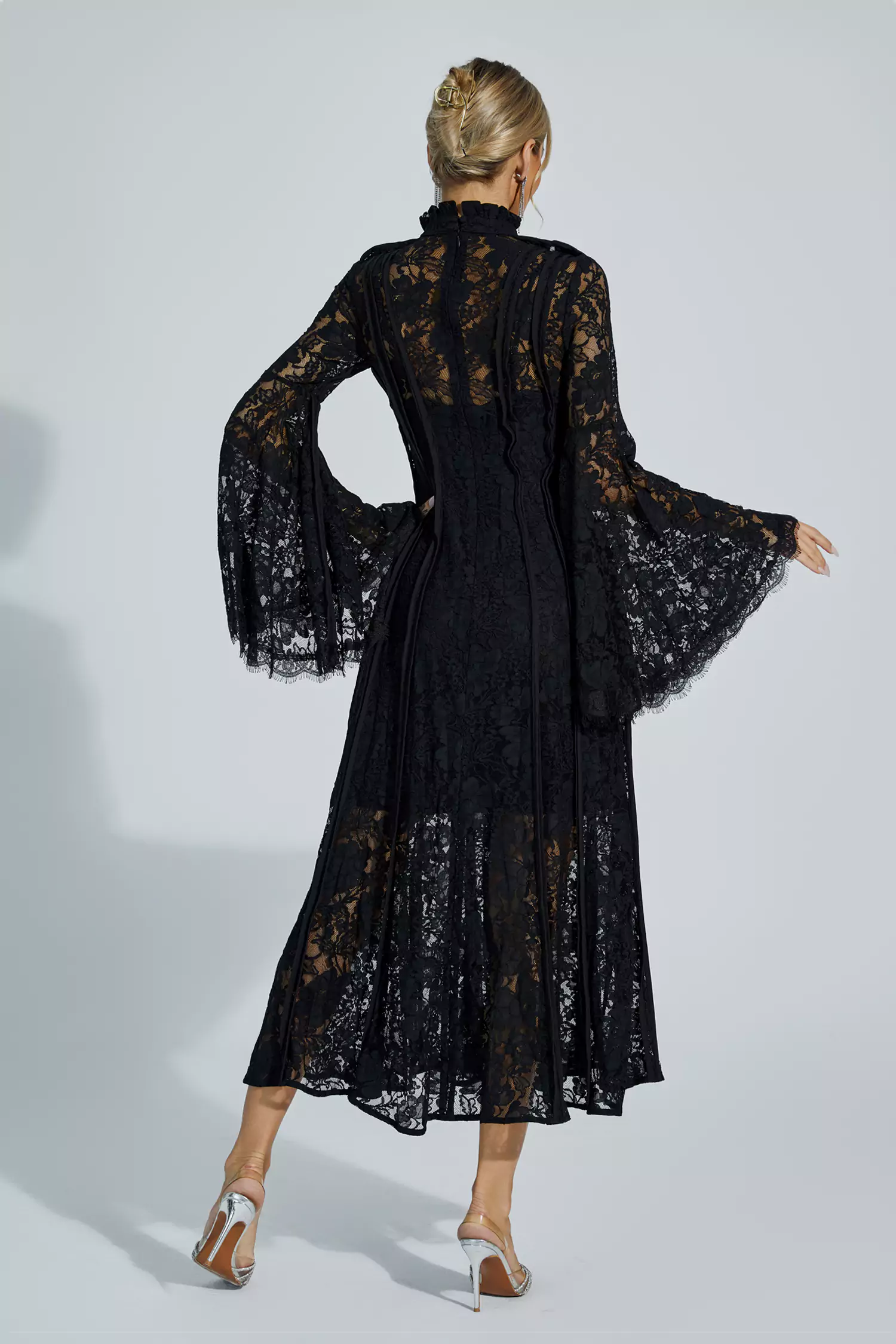 Avah Black Hollow Embroidery Midi Dress-CATCHALL