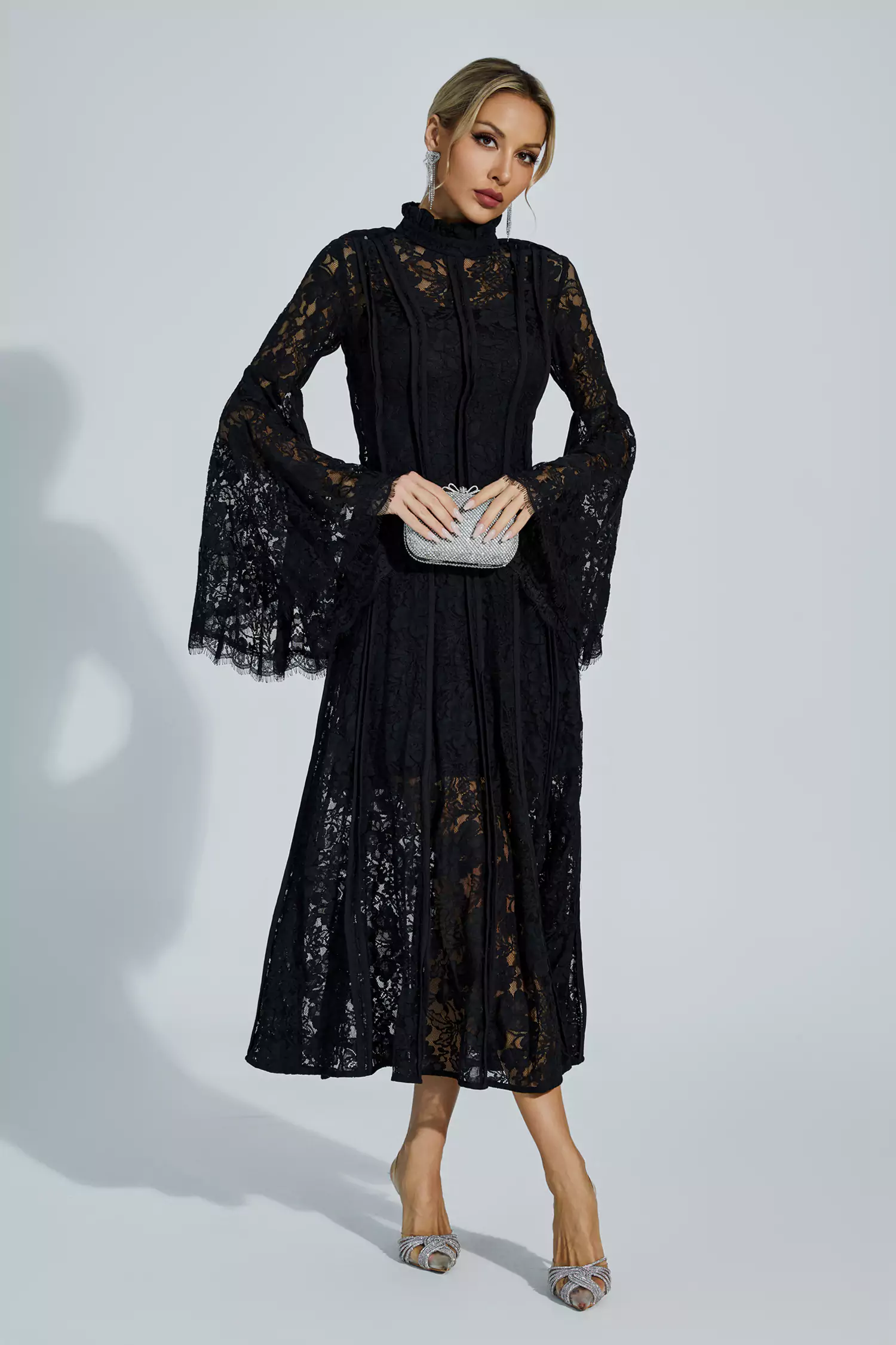 Avah Black Hollow Embroidery Midi Dress-CATCHALL