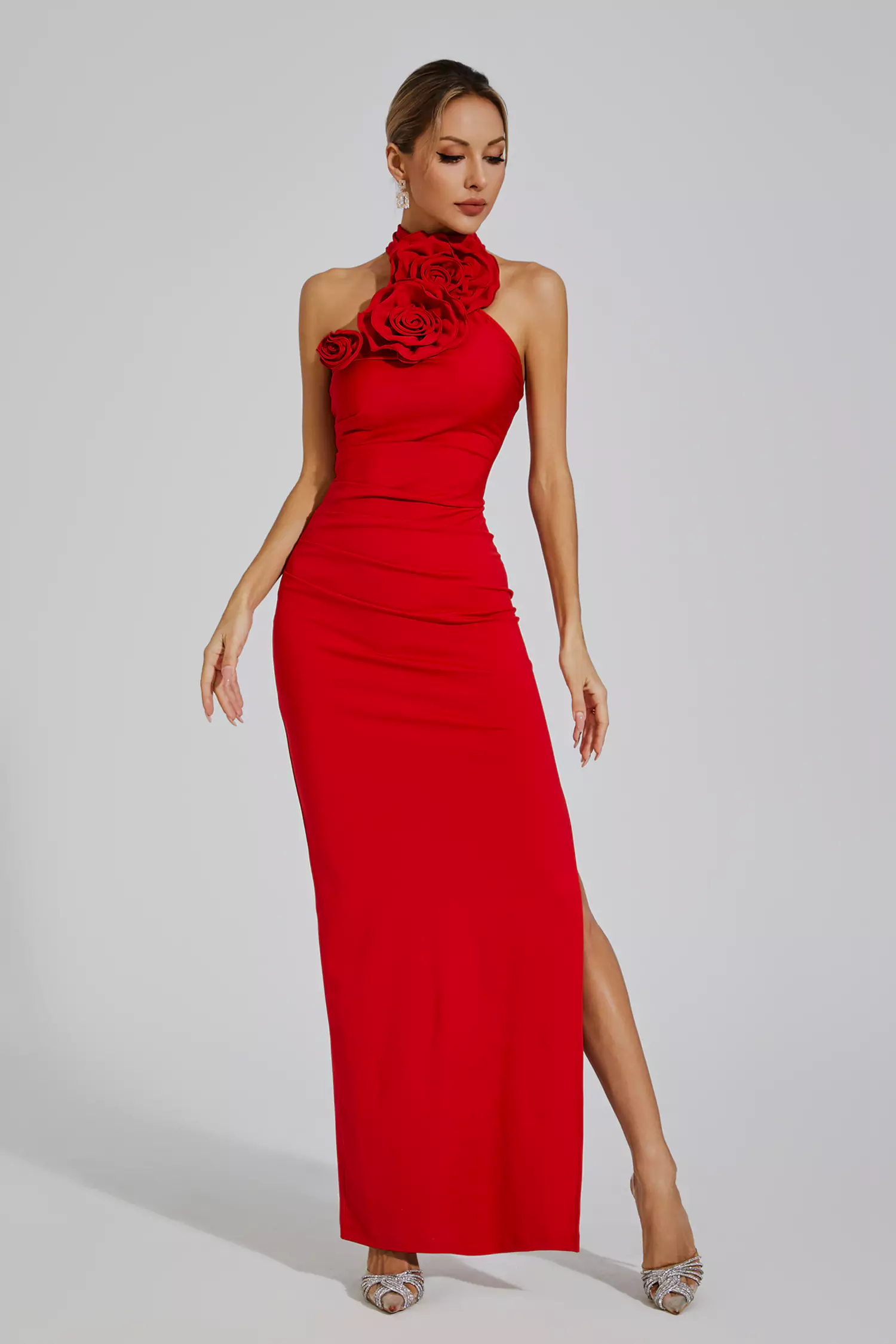 Aylin Red Floral Ruched Halter Maxi Dress