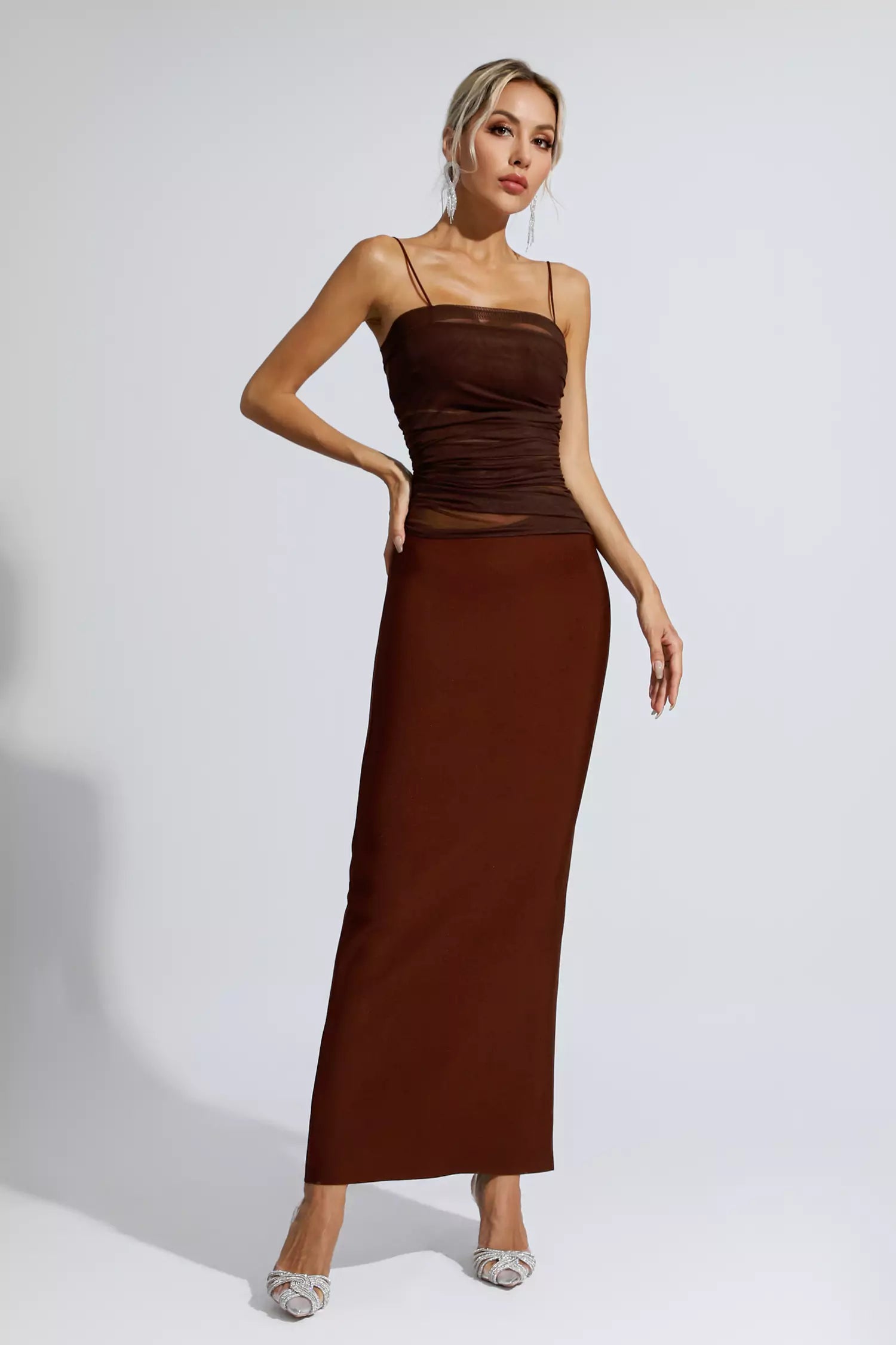 Azalea Brown Mesh Bandage Maxi Dress