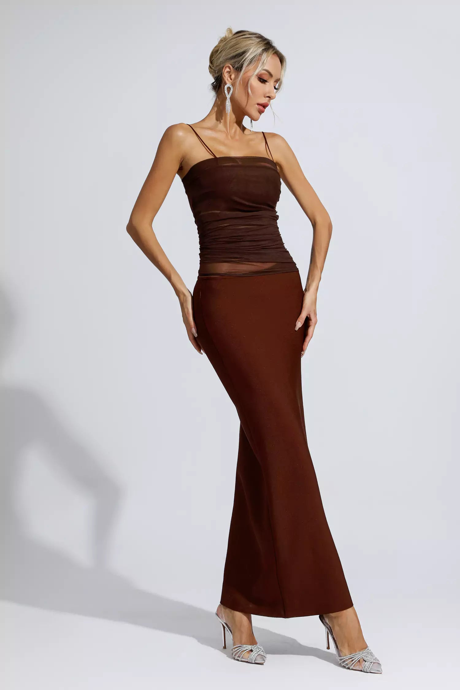 Azalea Brown Mesh Bandage Maxi Dress-CATCHALL