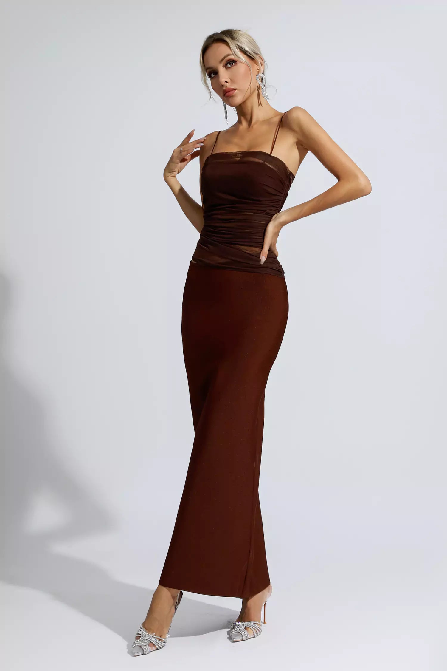Azalea Brown Mesh Bandage Maxi Dress-CATCHALL