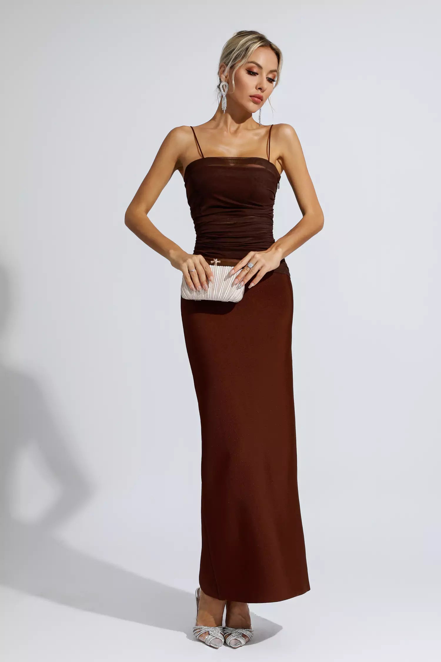 Azalea Brown Mesh Bandage Maxi Dress-CATCHALL
