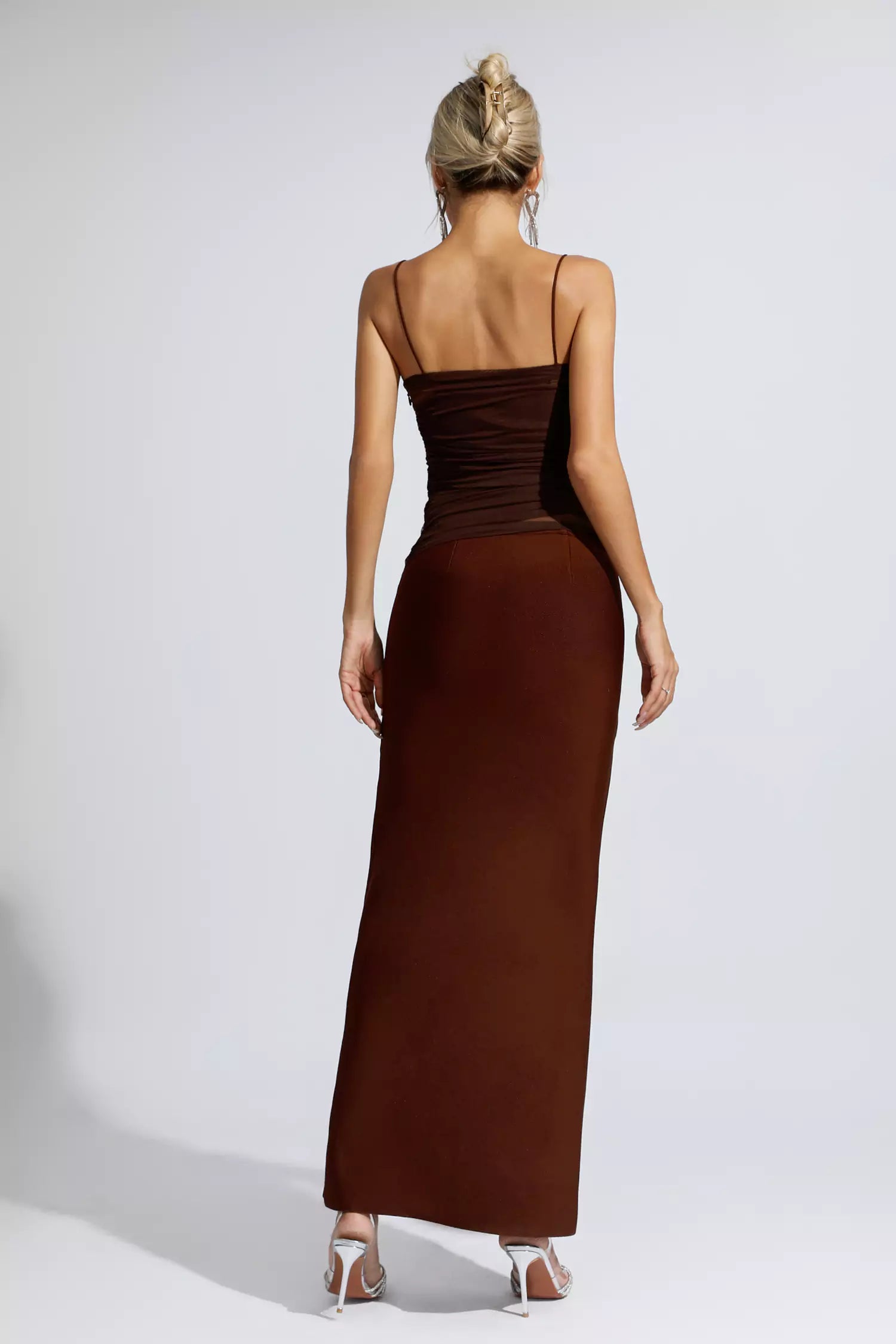 Azalea Brown Mesh Bandage Maxi Dress-CATCHALL