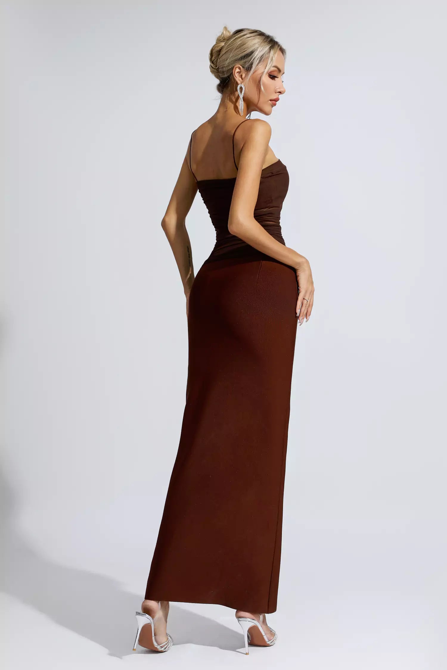 Azalea Brown Mesh Bandage Maxi Dress-CATCHALL
