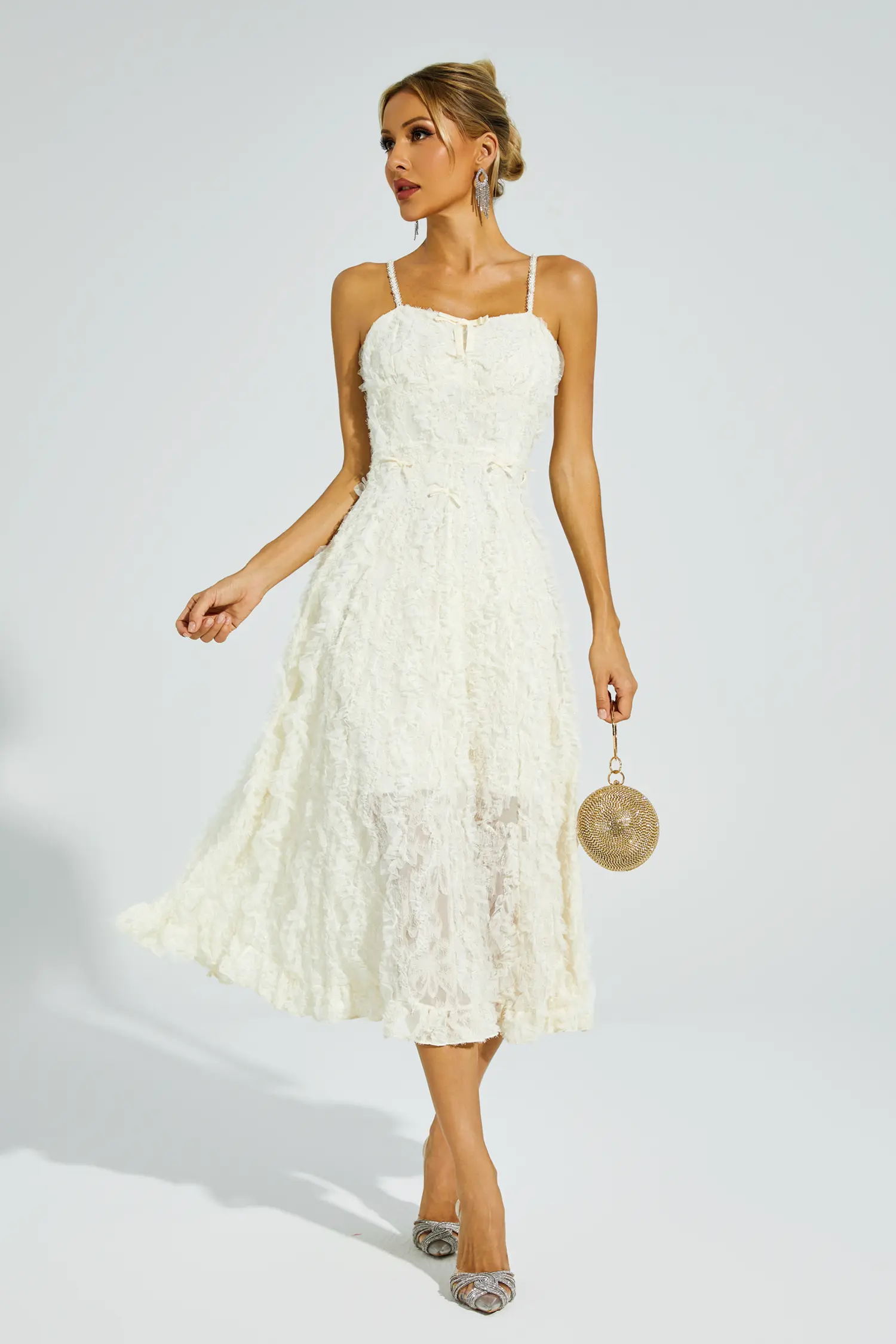 Barnett Beige Feather Midi Dress-CATCHALL