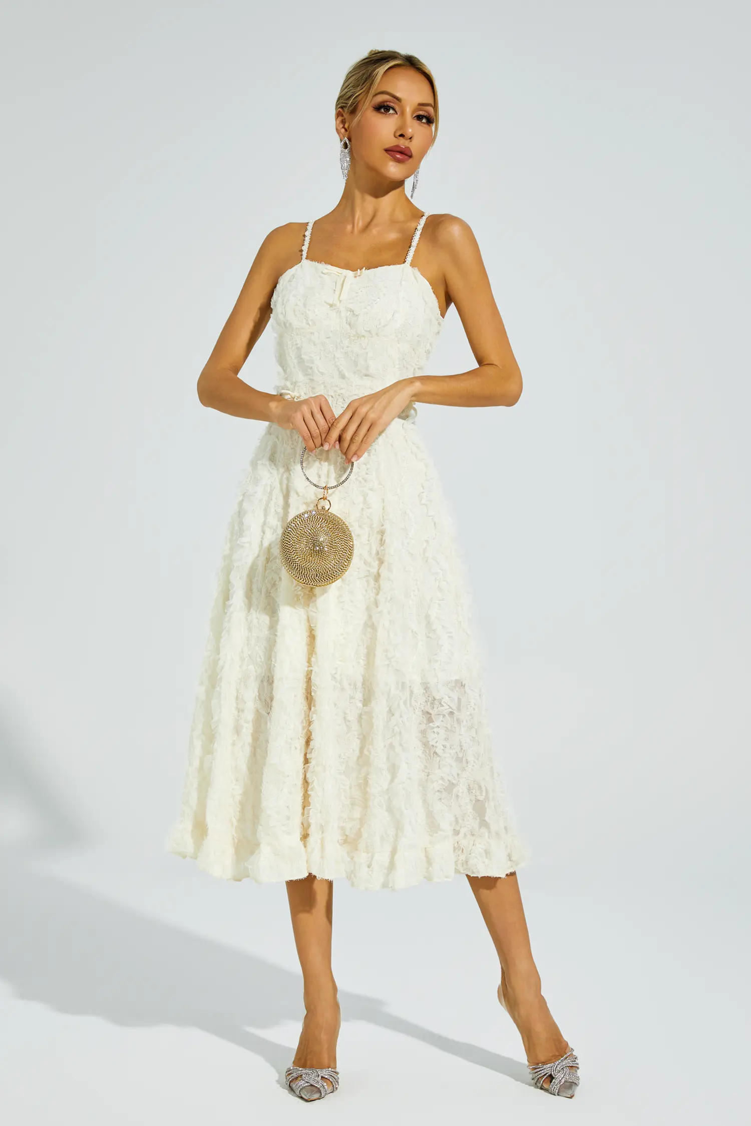 Barnett Beige Feather Midi Dress-CATCHALL