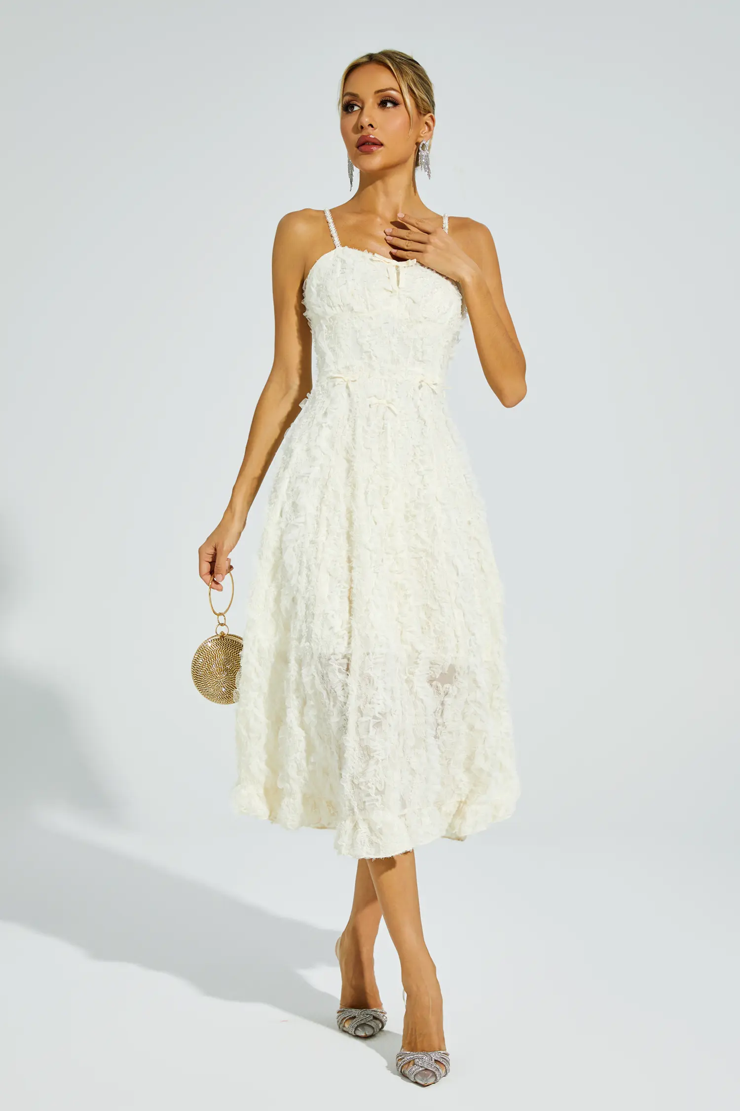 Barnett Beige Feather Midi Dress-CATCHALL