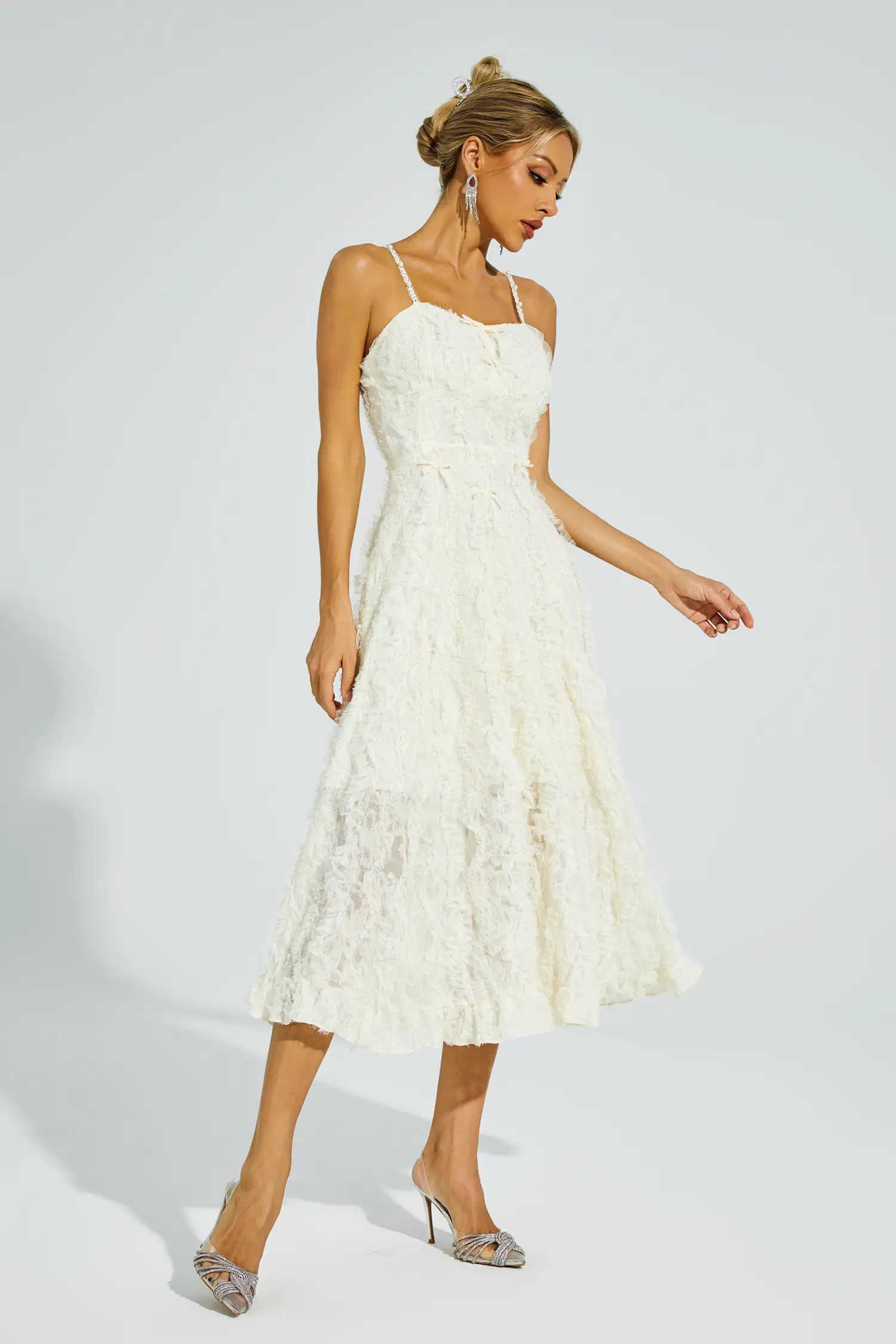 Barnett Beige Feather Midi Dress-CATCHALL