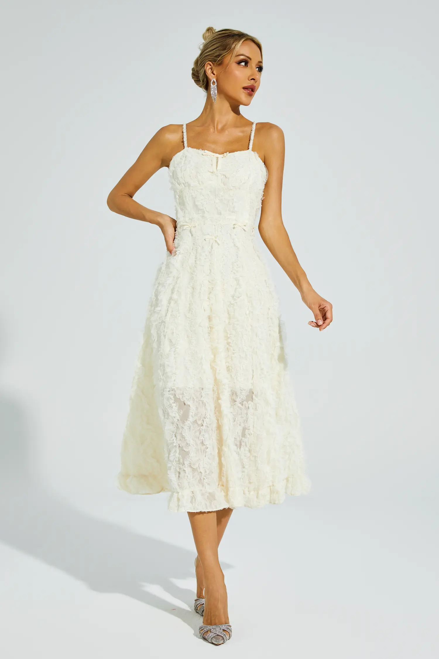 Barnett Beige Feather Midi Dress-CATCHALL