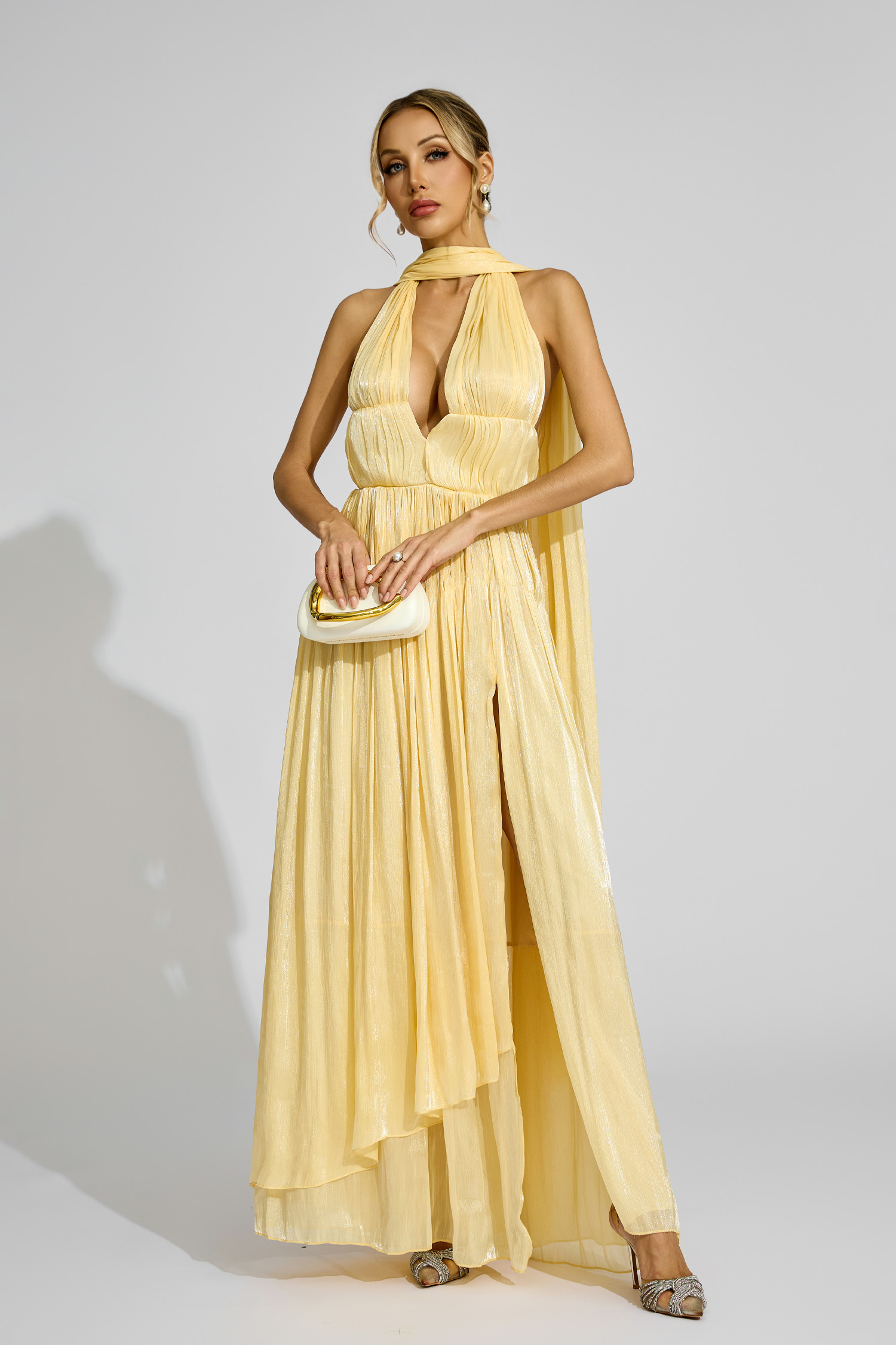 Barney Yellow Halter Pleated Dress