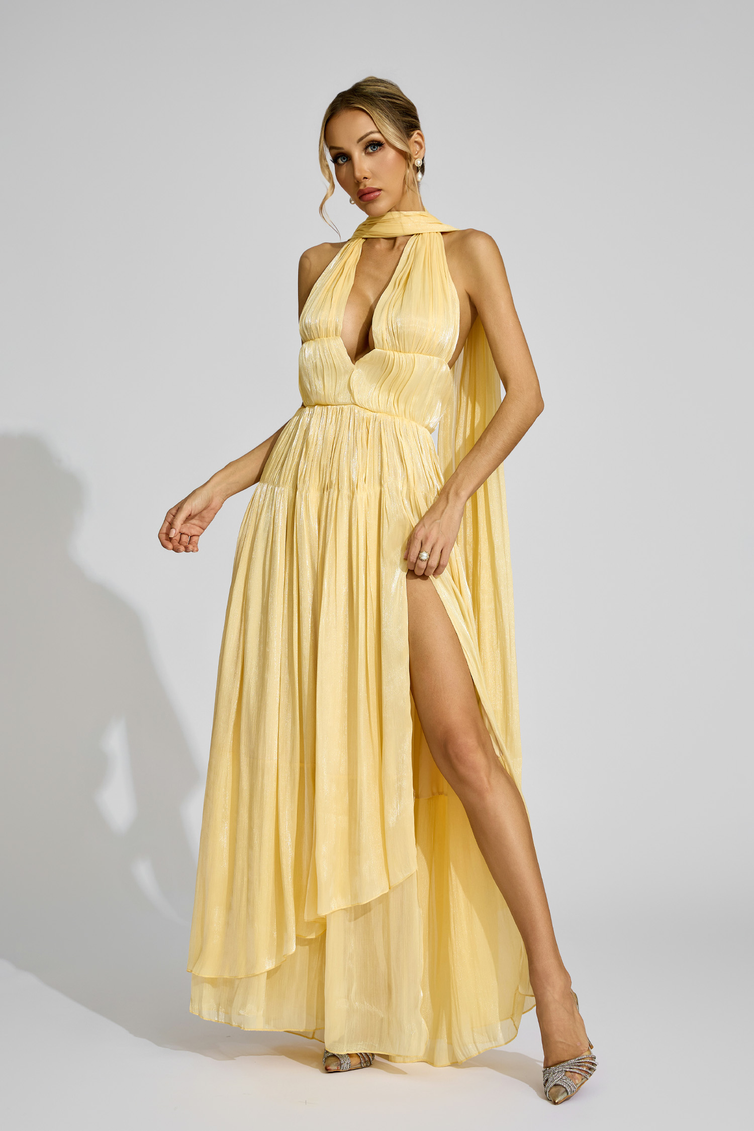 Barney Yellow Halter Pleated Dress