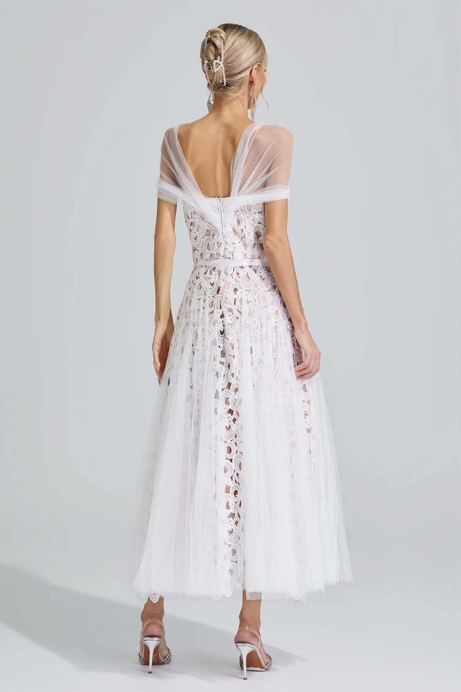 Bastet White Lace Mesh Fairy Midi Dress