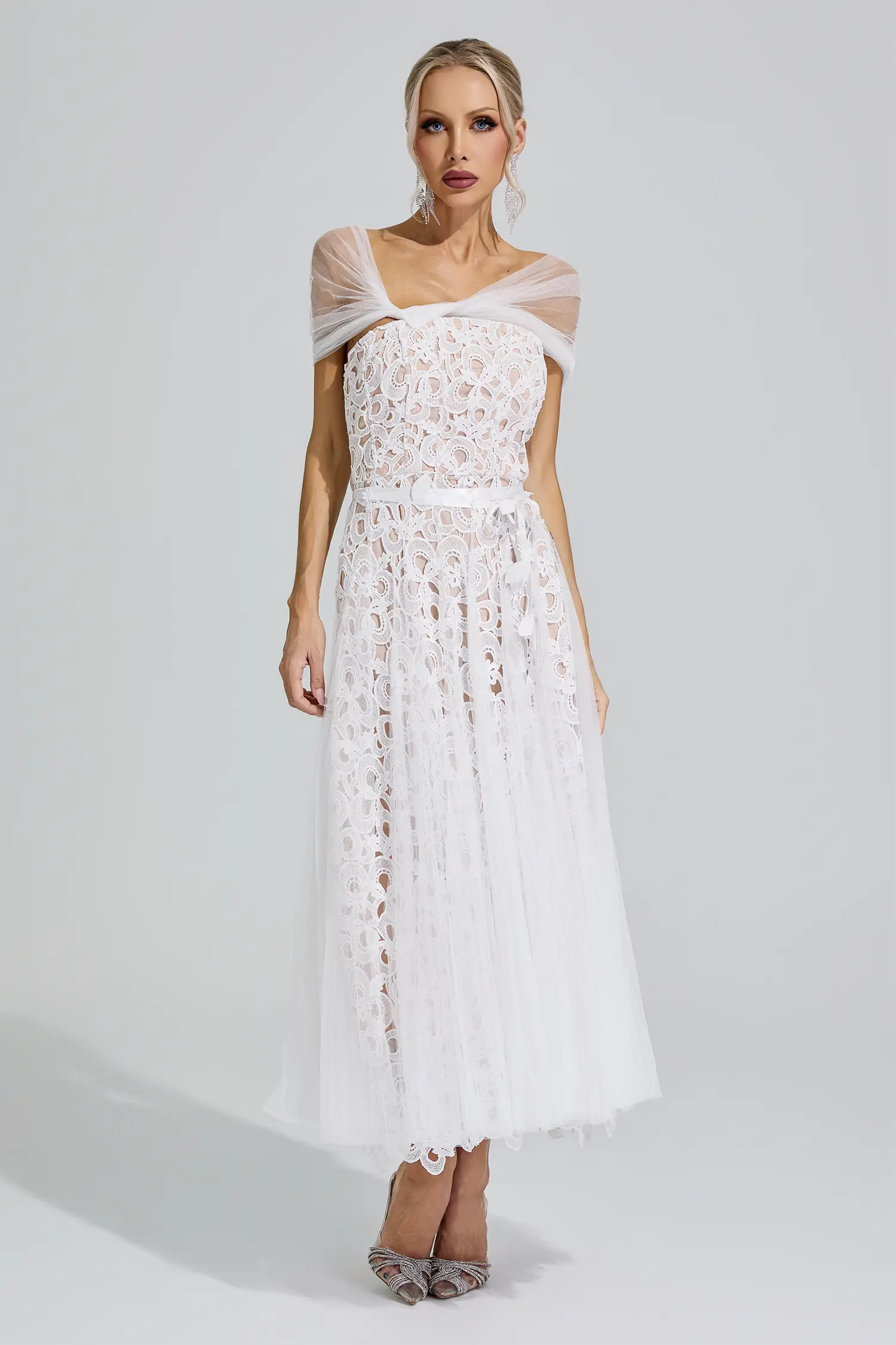 Bastet White Lace Mesh Fairy Midi Dress