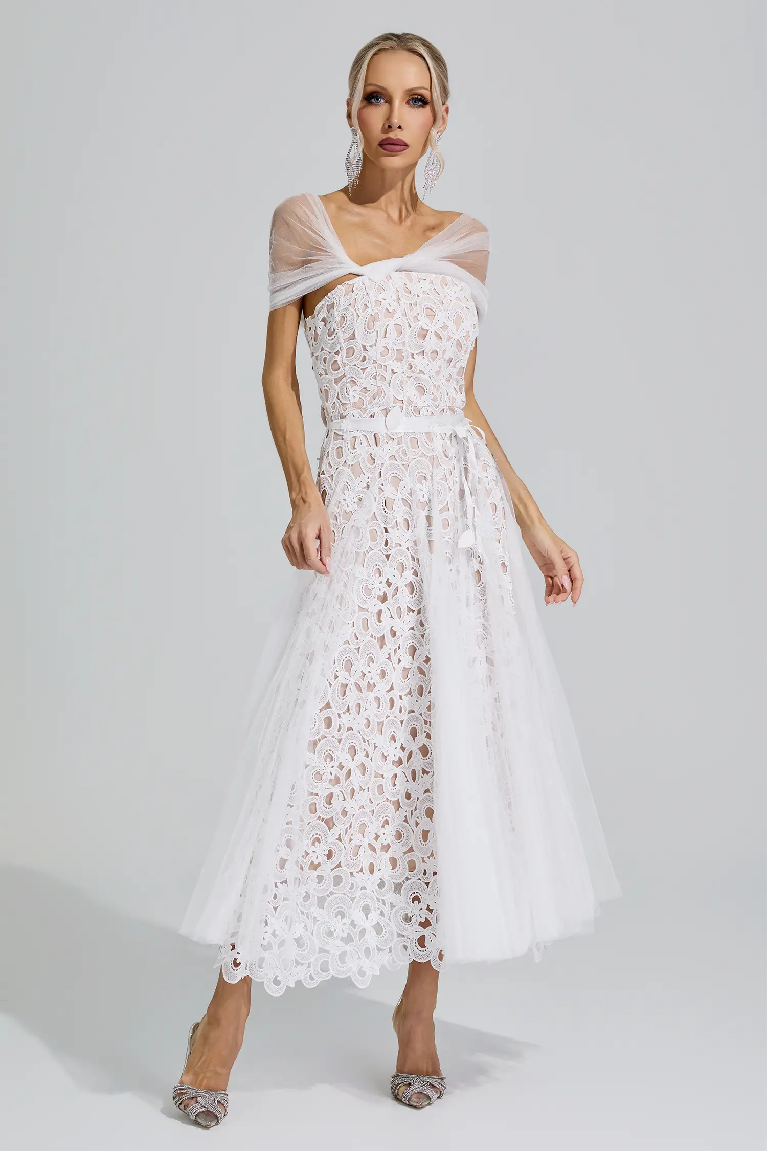 Bastet White Lace Mesh Fairy Midi Dress
