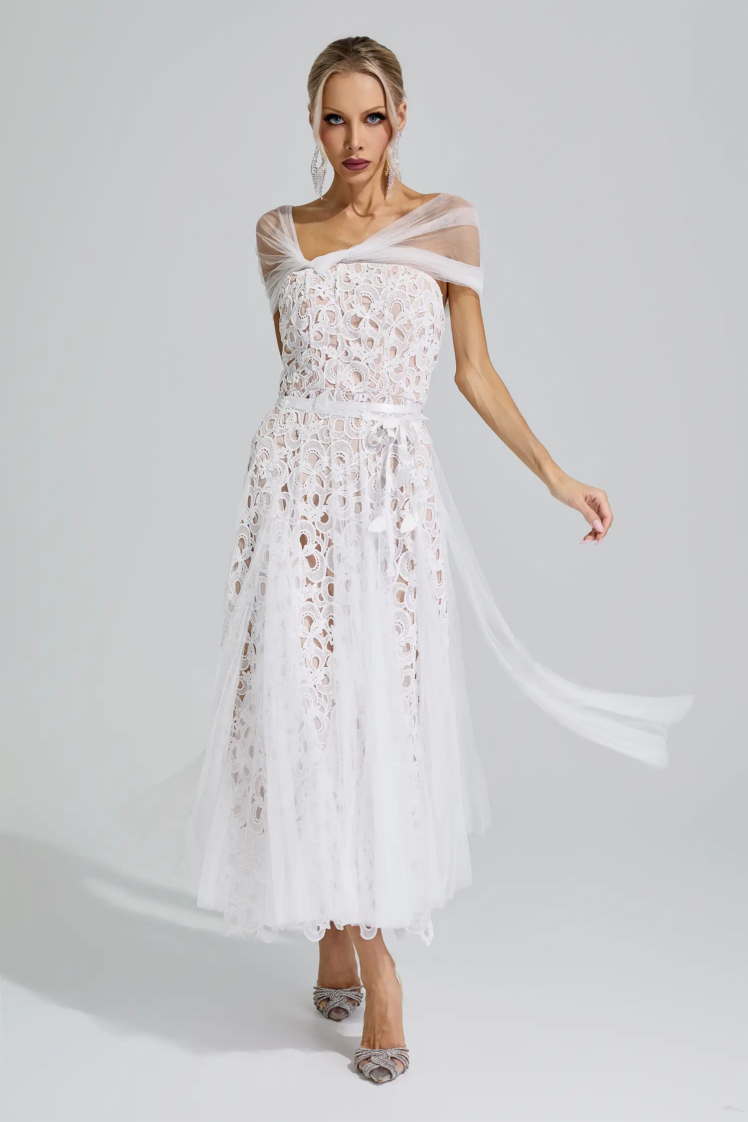 Bastet White Lace Mesh Fairy Midi Dress
