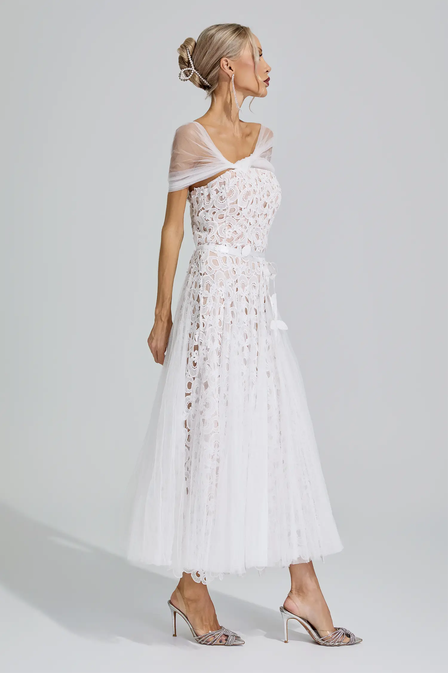 Bastet White Lace Mesh Fairy Midi Dress