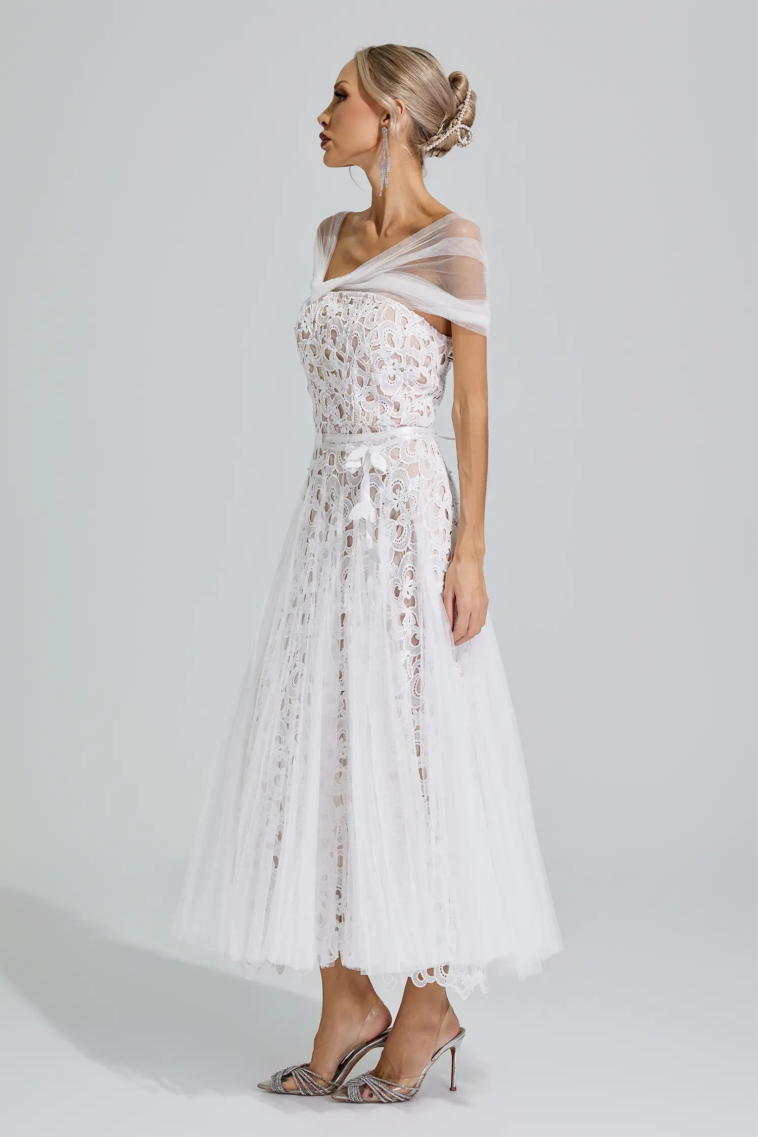 Bastet White Lace Mesh Fairy Midi Dress